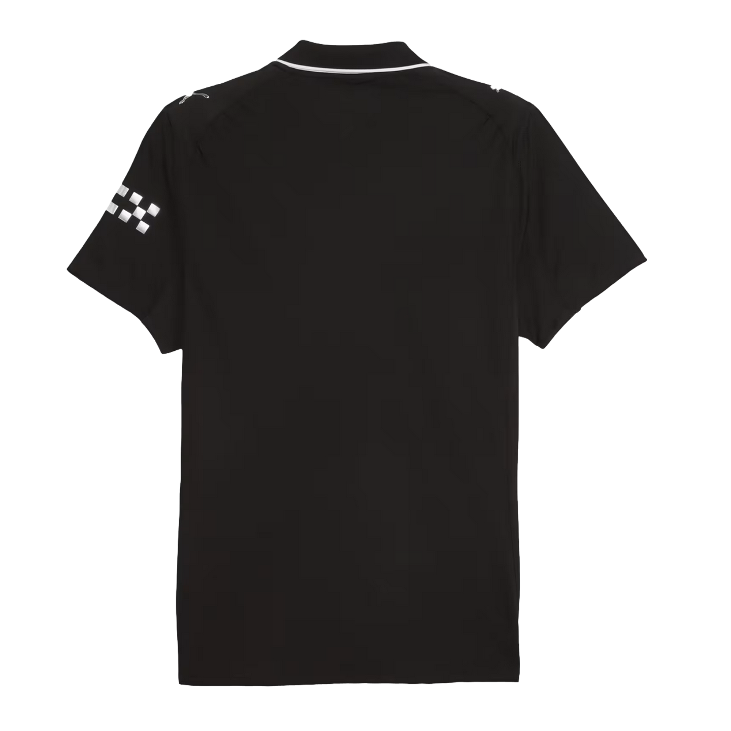 Rear view of a black short-sleeve polo shirt featuring white collar piping and a silver checkered pattern on the left sleeve.