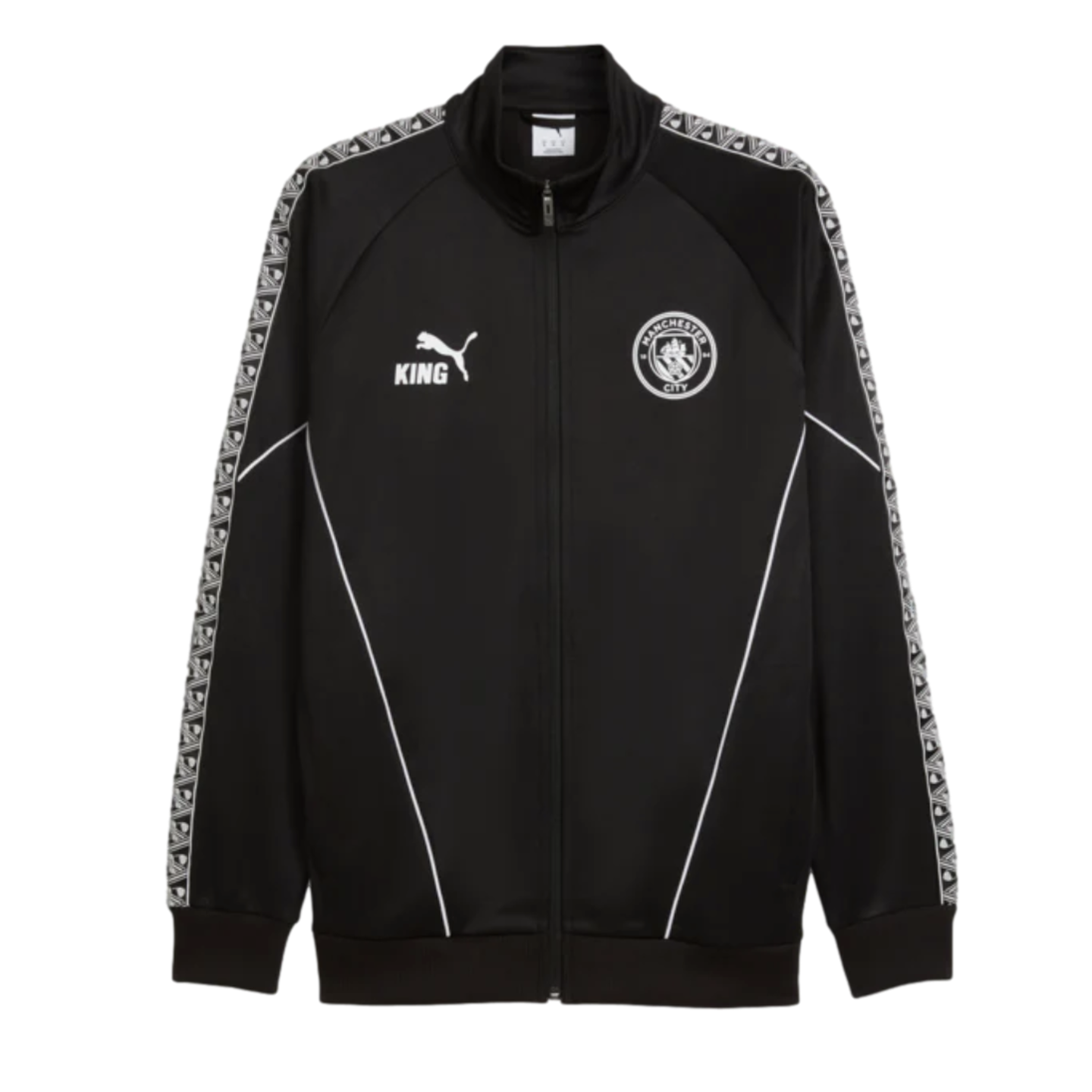 A black Puma Manchester City track jacket with 'KING' and team logos. It features white piping on the front and patterned tape along the shoulders and sleeves.