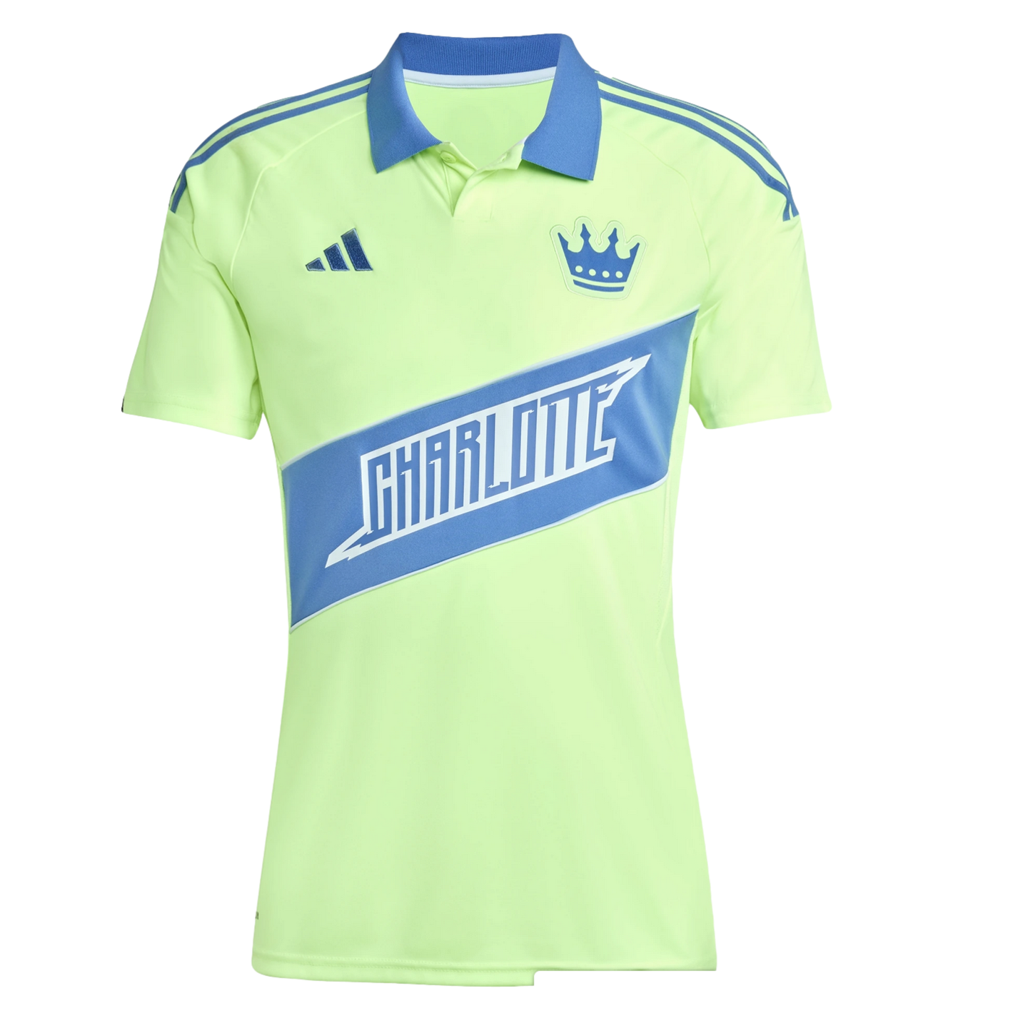 Charlotte FC neon yellow soccer jersey with blue accents, a crown crest, and a diagonal blue sash featuring the word "CHARLOTTE" in white.