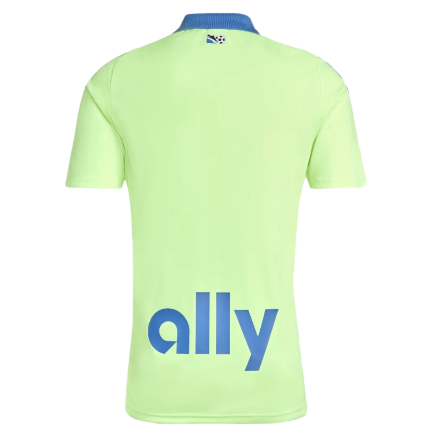 Back of a neon green short-sleeve jersey featuring a blue collar and a large blue "ally" logo at the bottom.