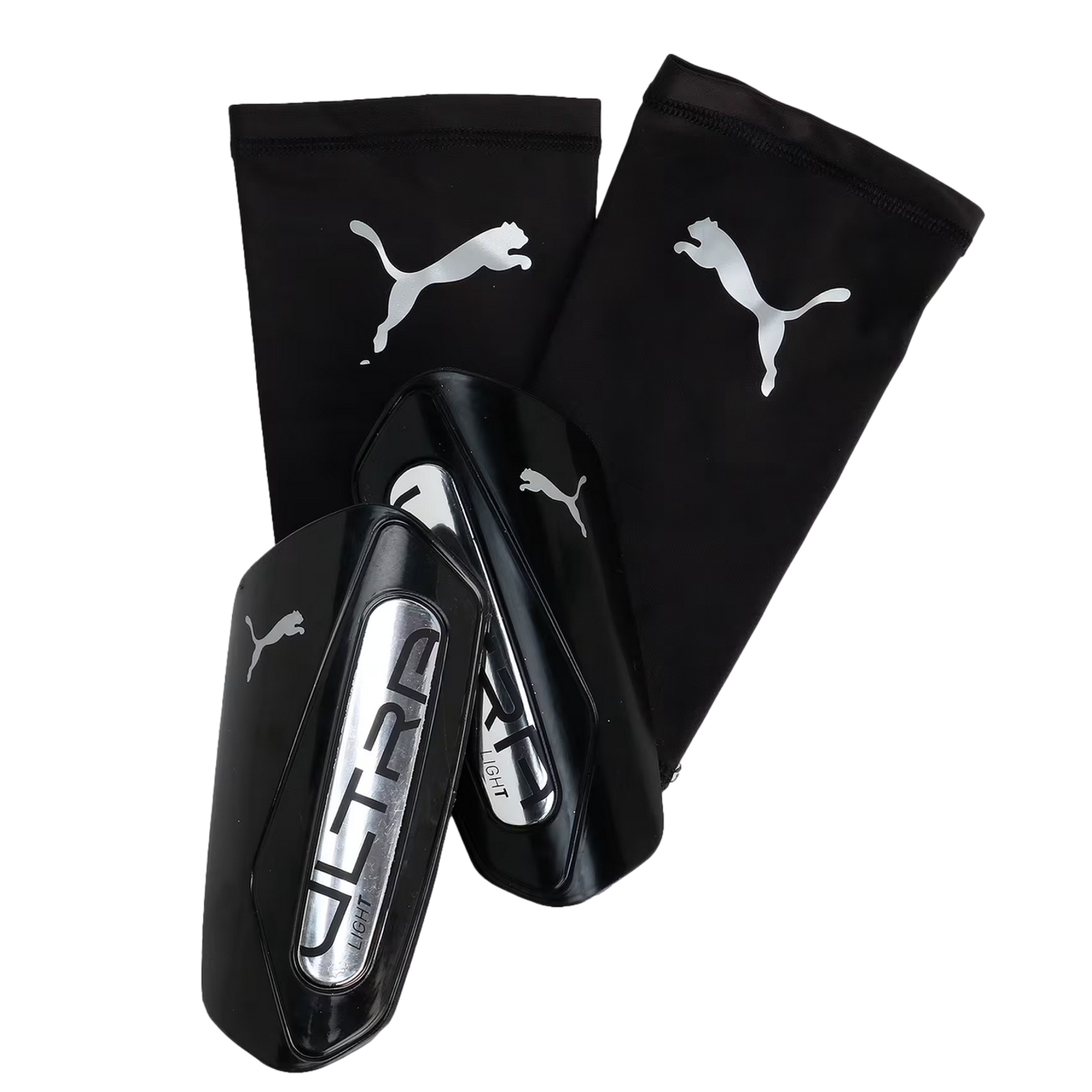Black Puma Ultra Light shin guards and matching black compression sleeves featuring silver Puma logos.
