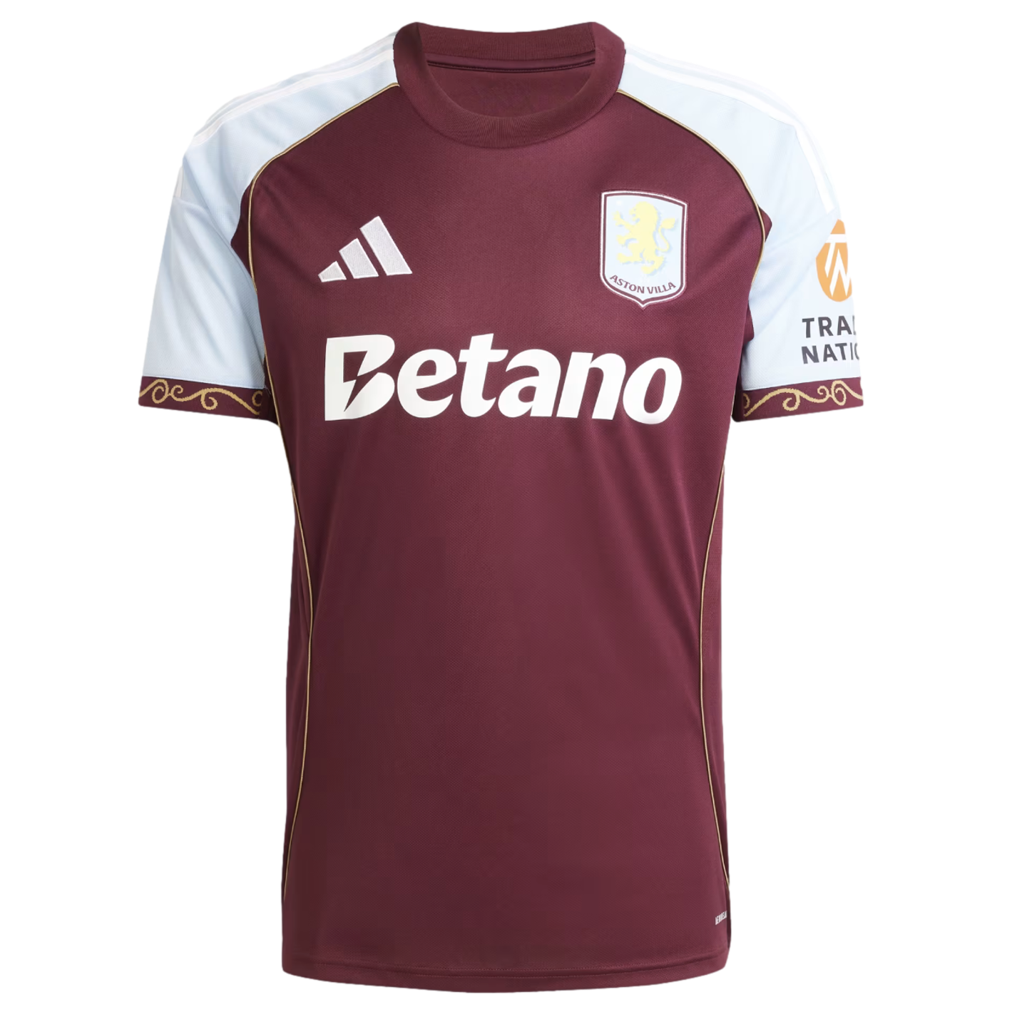 Front view of an Adidas Aston Villa home football jersey in claret and sky blue. Features the club crest, Adidas logo, Betano sponsor, and decorative sleeve cuffs.