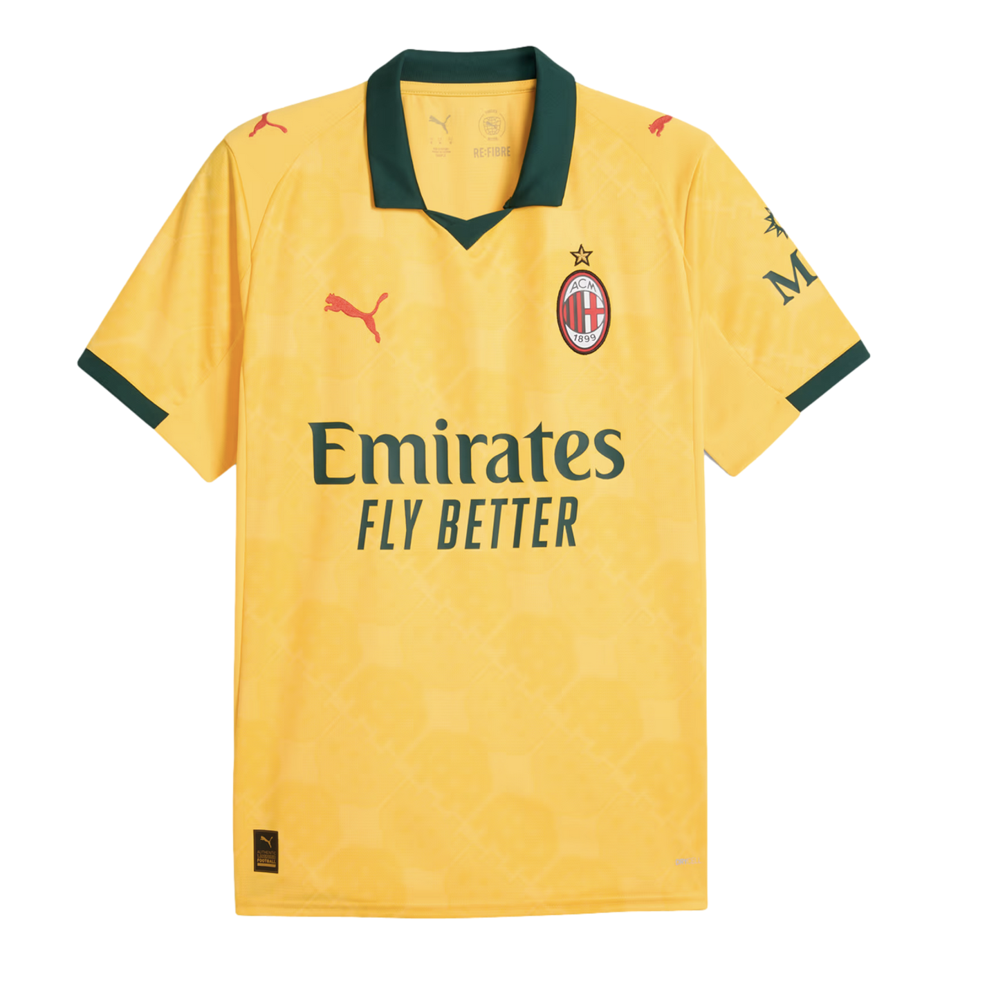 Yellow AC Milan football jersey with dark green collar and cuffs, featuring the club crest, red Puma logo, and dark green "Emirates FLY BETTER" sponsor text.