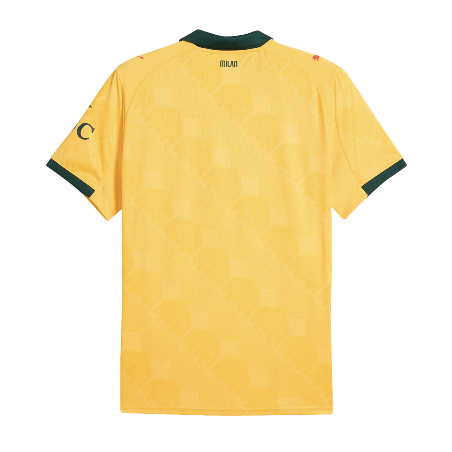 Rear view of a yellow AC Milan jersey with dark green collar and trim. Features "MILAN" text on the upper back and a subtle geometric pattern.