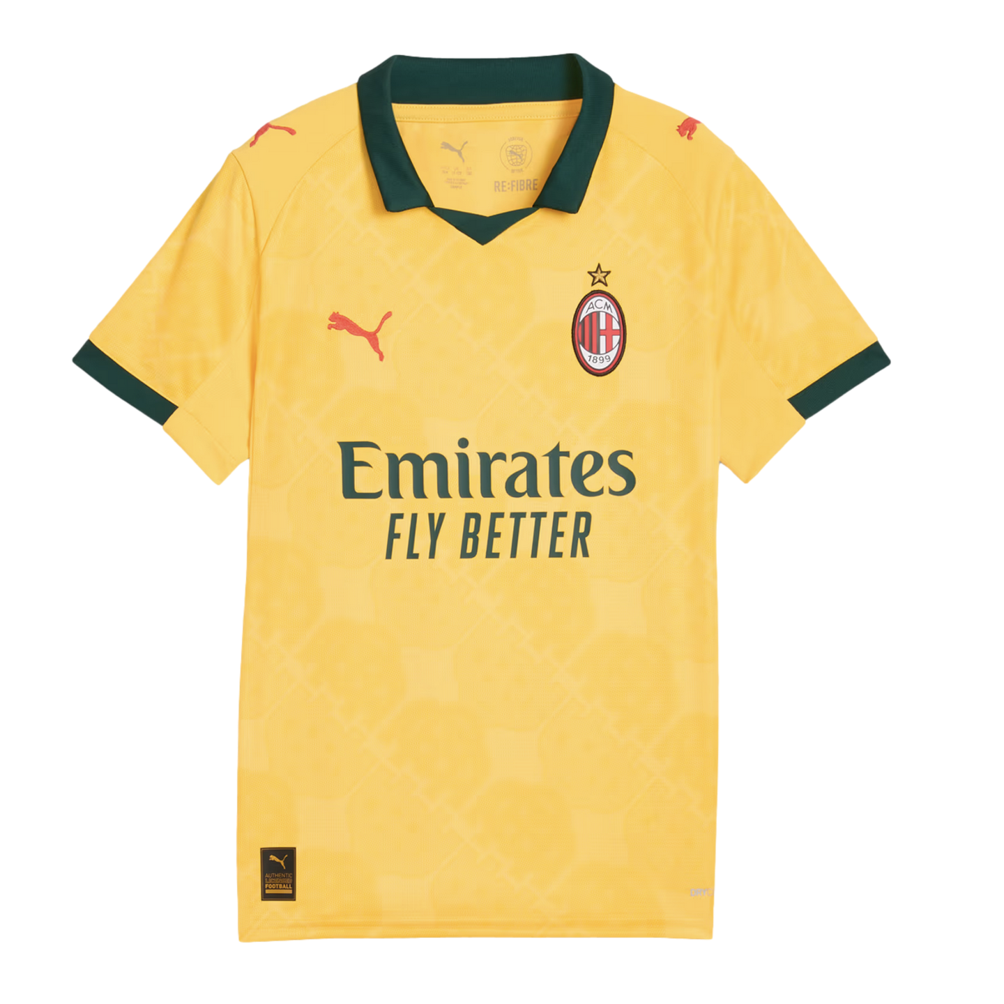 Yellow AC Milan soccer jersey with dark green collar and cuffs. Features the club crest, Puma logos, and dark green "Emirates FLY BETTER" sponsor text on the chest.