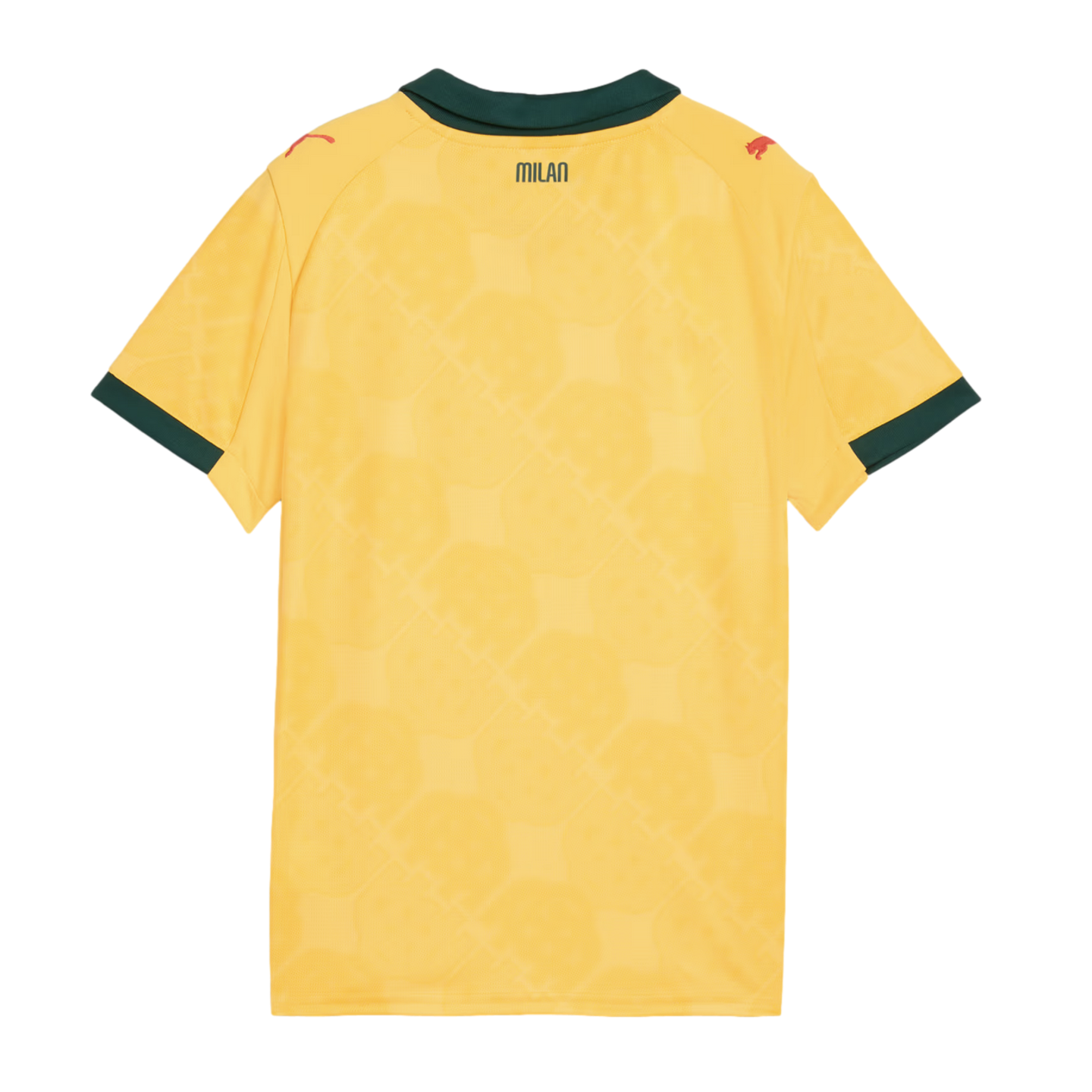 Back view of a yellow Puma soccer jersey with dark green trim on the collar and sleeves. Features red Puma logos on the shoulders and "MILAN" printed on the upper back.