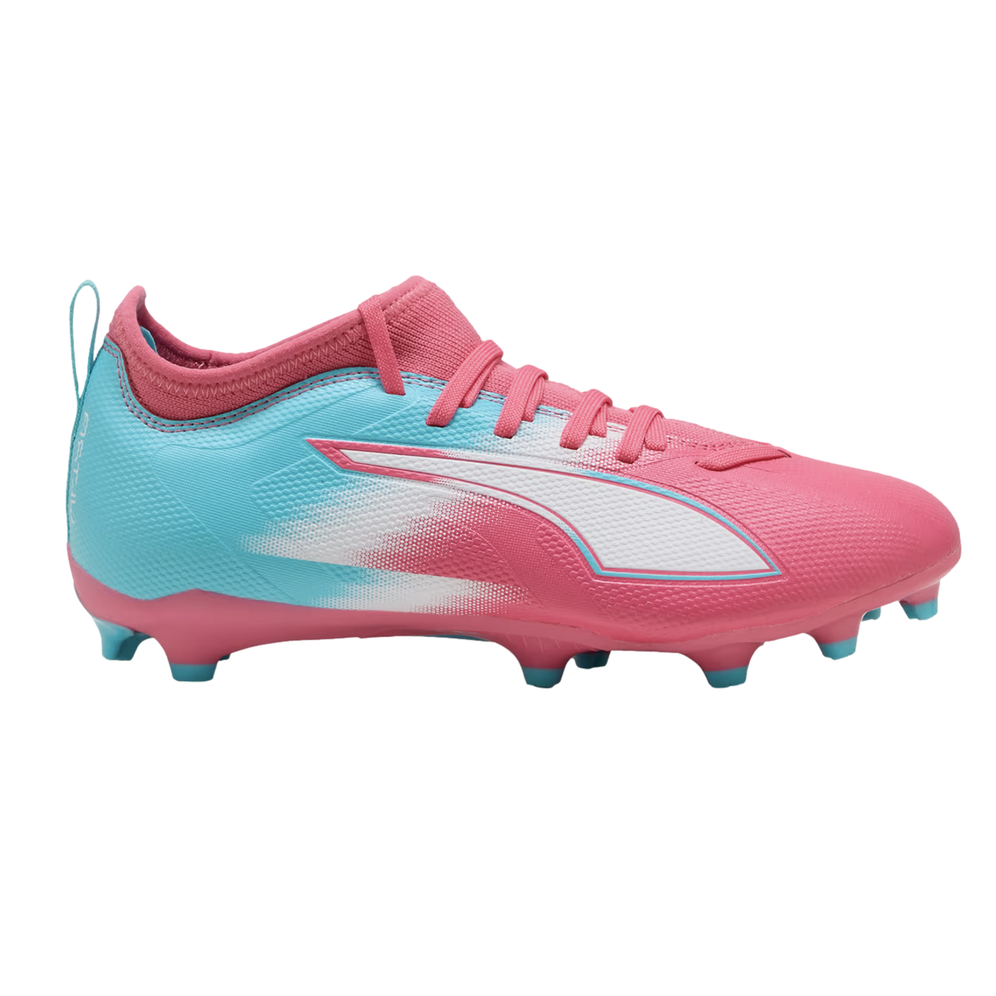 A vibrant pink and blue Puma soccer cleat with a white side logo and blue studs, shown against a solid black background.