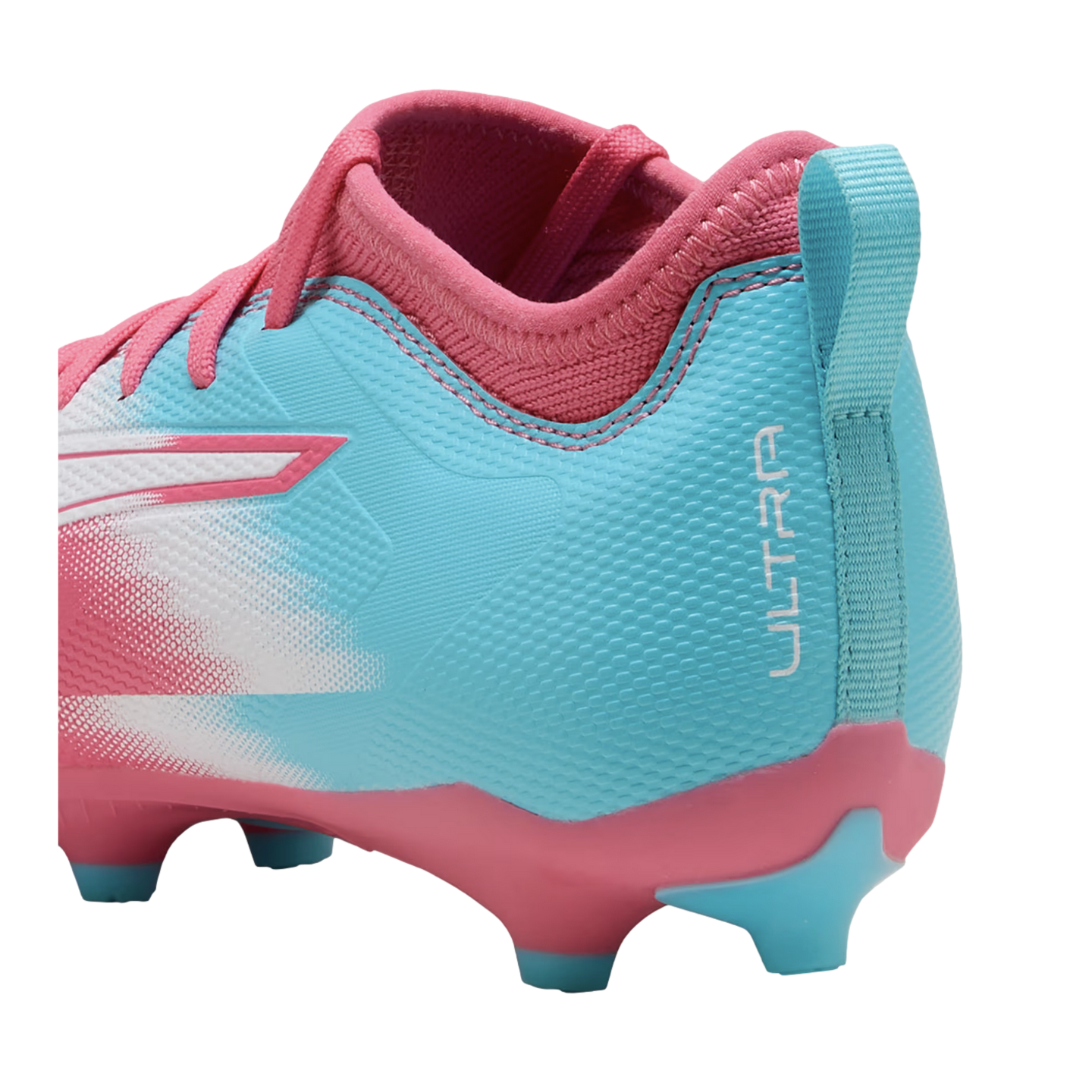 Side and rear view of a cyan and pink soccer cleat featuring a textured upper, pink collar, and the word "ULTRA" on the heel.