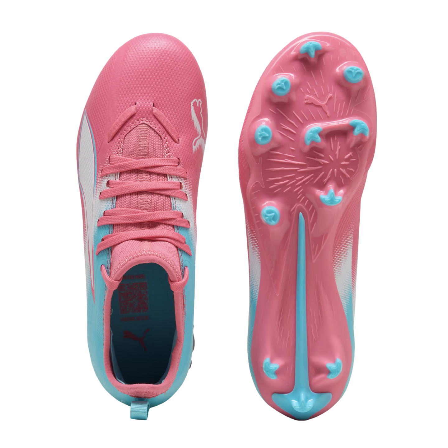 A top-down and bottom-up view of a pink and light blue Puma soccer cleat with light blue studs against a black background.