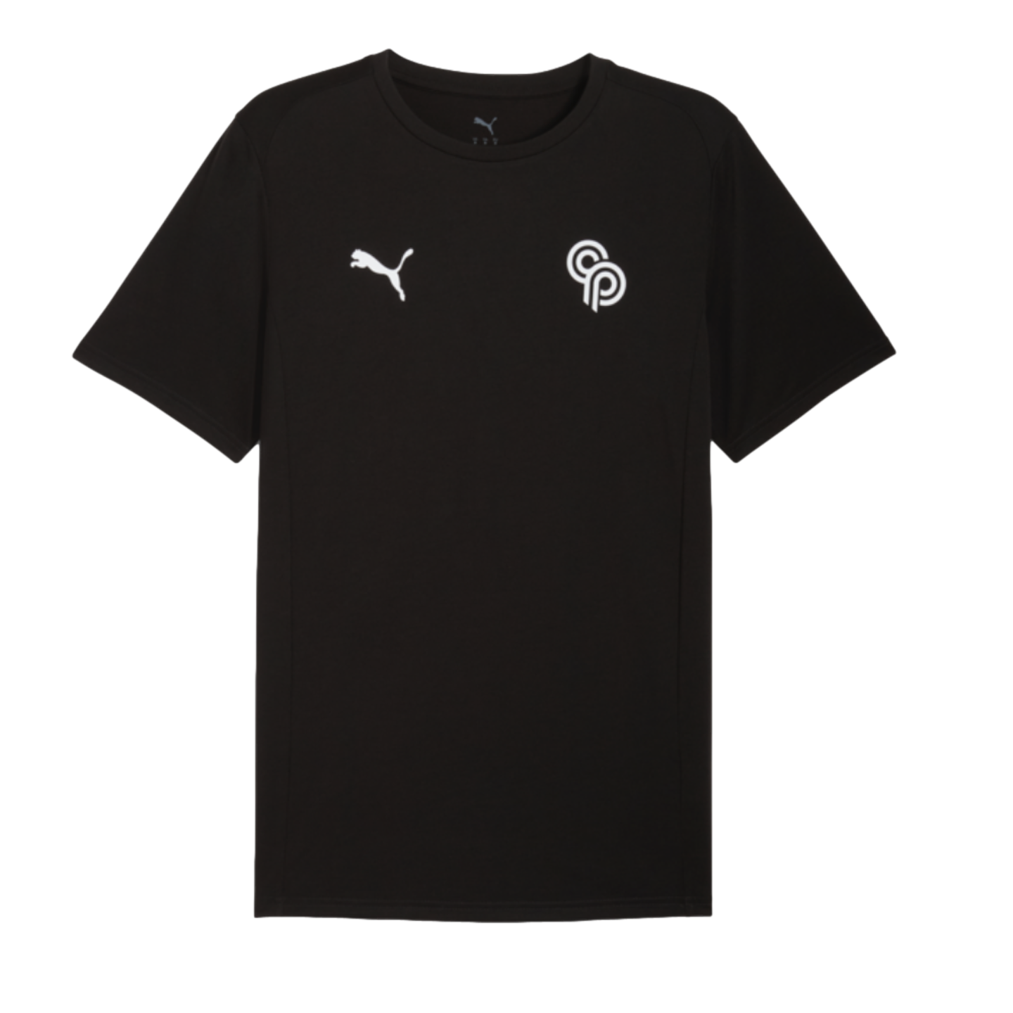 Black short-sleeved Puma t-shirt featuring a white Puma cat logo on the right chest and a white circular "CP" logo on the left chest, against a black background.