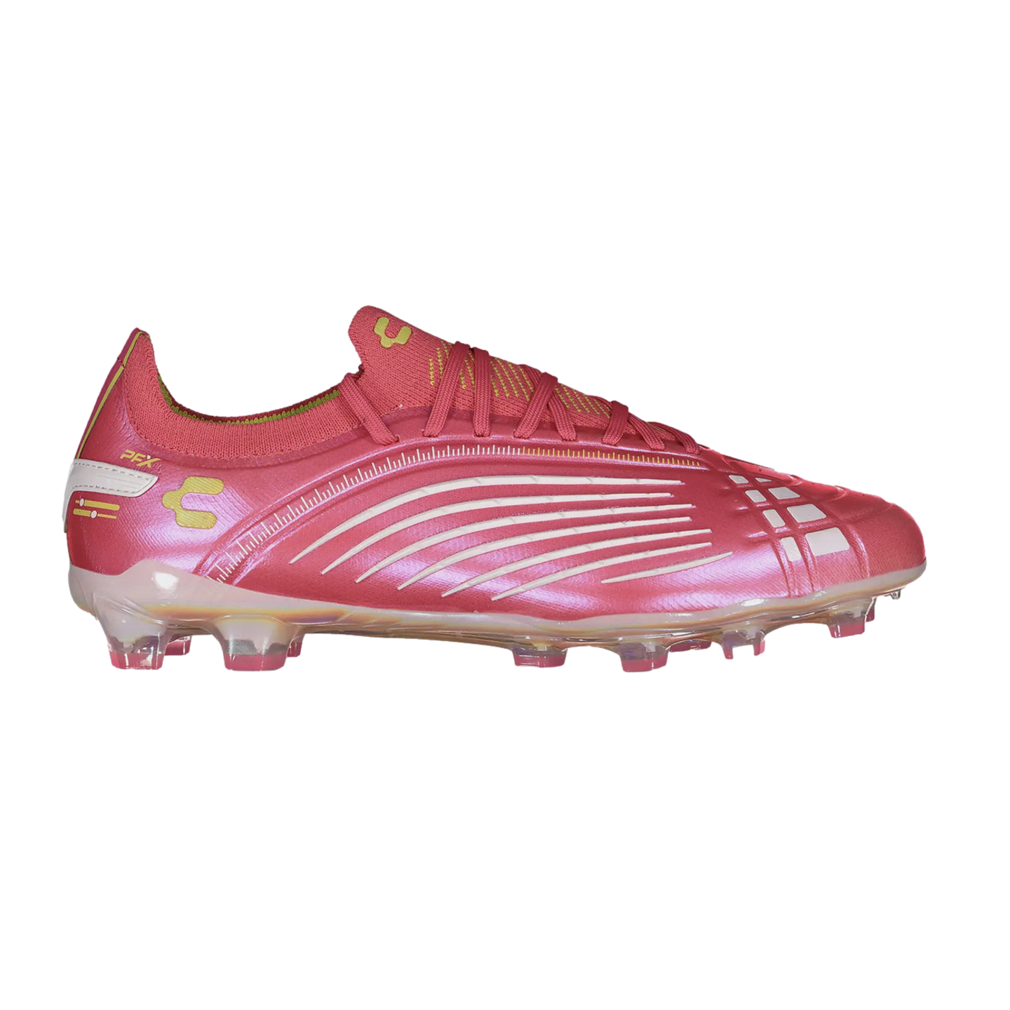 Profile view of a metallic pink Charly soccer cleat with white curved stripes and a translucent sole, set against a solid black background.