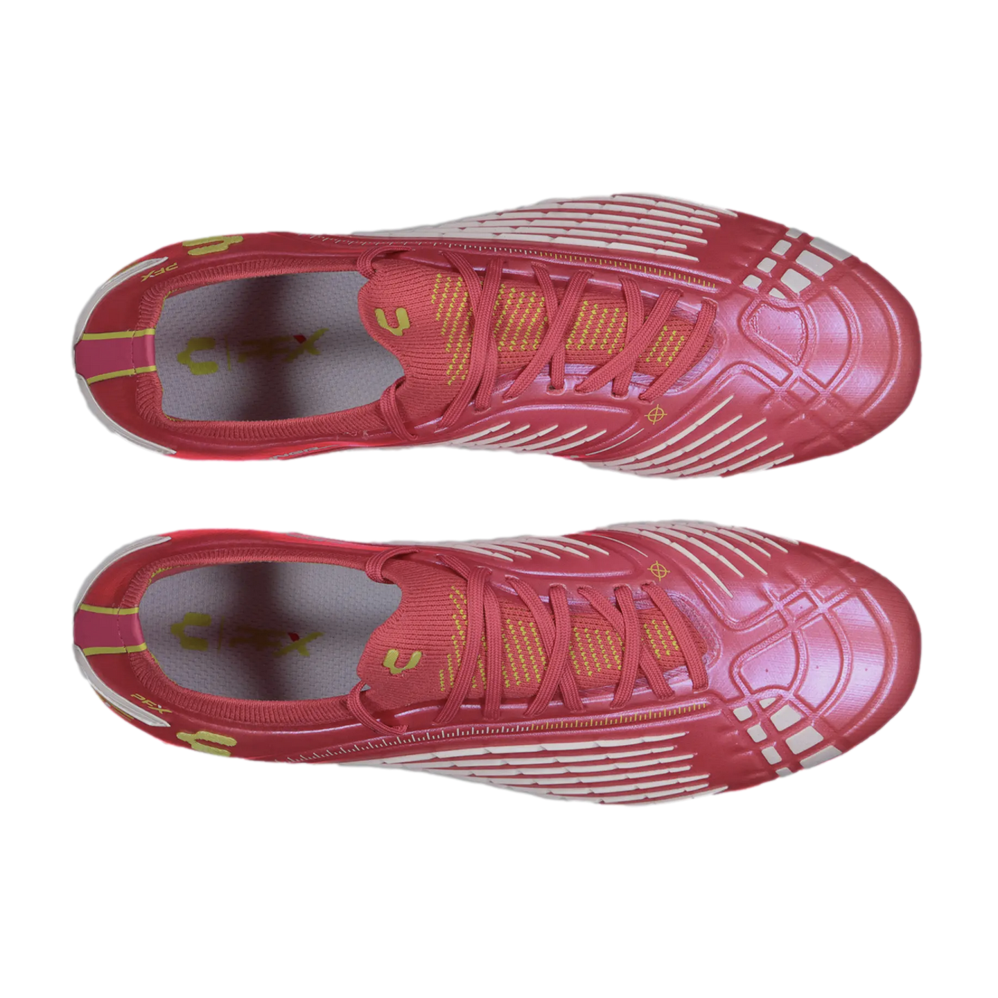 Top-down view of a pair of pink soccer cleats featuring white textured stripes and yellow accents.
