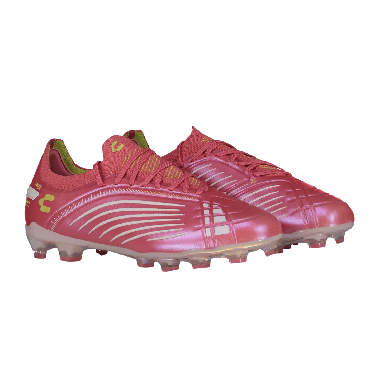 Pair of iridescent pink soccer cleats with white curved graphics and lime green logos.