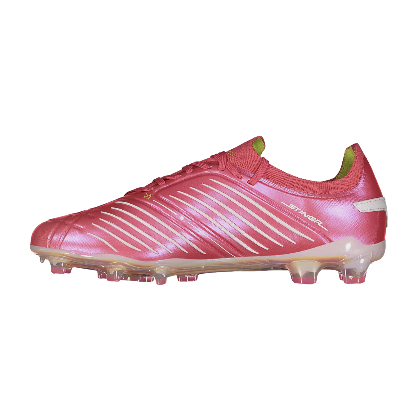 Side profile of a metallic pink STINGR soccer cleat with white diagonal stripes and a clear sole plate, shown against a solid black background.