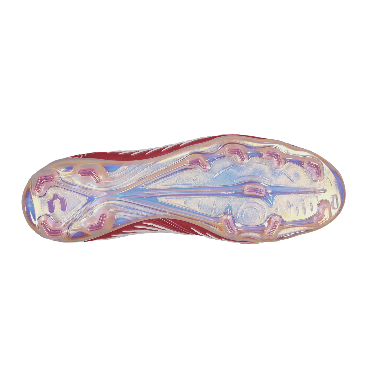 Underside of a red soccer cleat featuring an iridescent, multi-colored soleplate and pink-outlined studs.