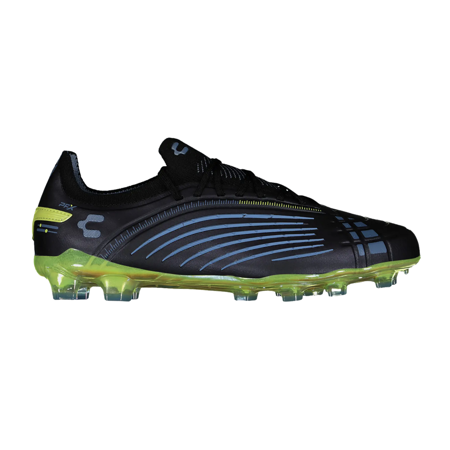 A black soccer cleat featuring light blue curved stripes on the side and a translucent neon yellow sole and studs.