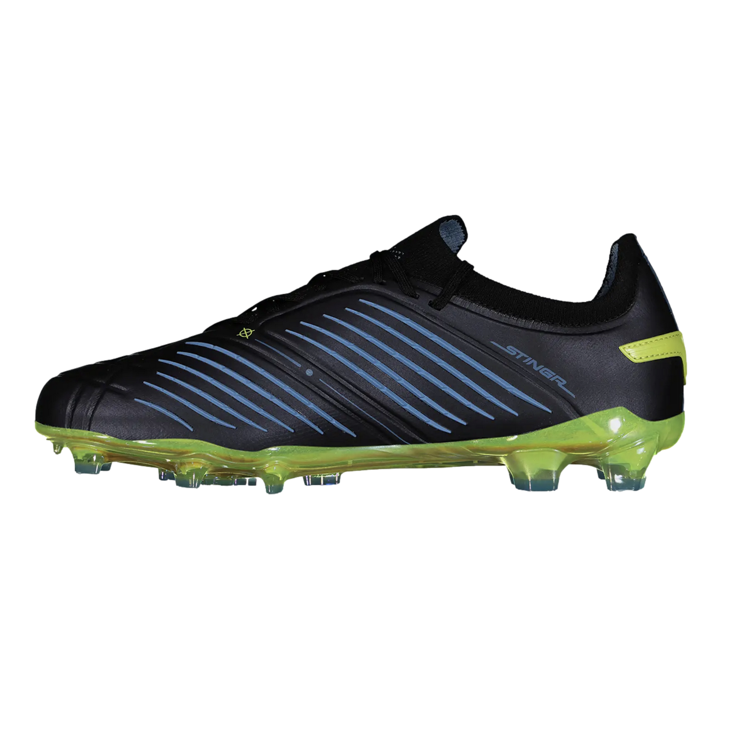 Profile view of a black soccer cleat featuring blue diagonal ridges, a translucent lime green sole with studs, and "STINGR" printed on the side.
