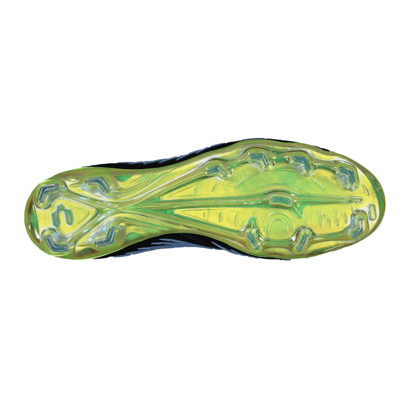 Bottom view of an iridescent lime green soccer cleat soleplate featuring blue chevron-shaped studs against a solid black background.