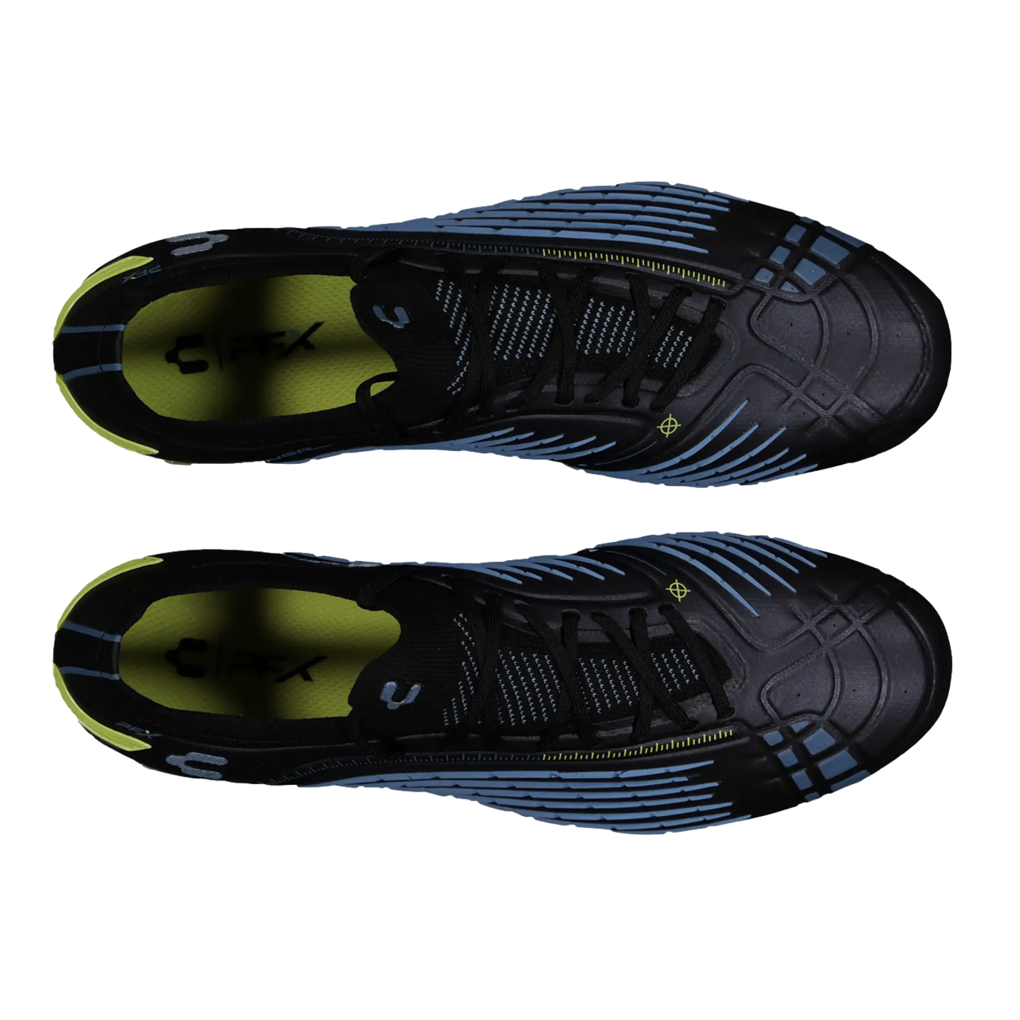 A top-down view of two black soccer cleats featuring blue ribbed patterns and lime green accents against a black background.