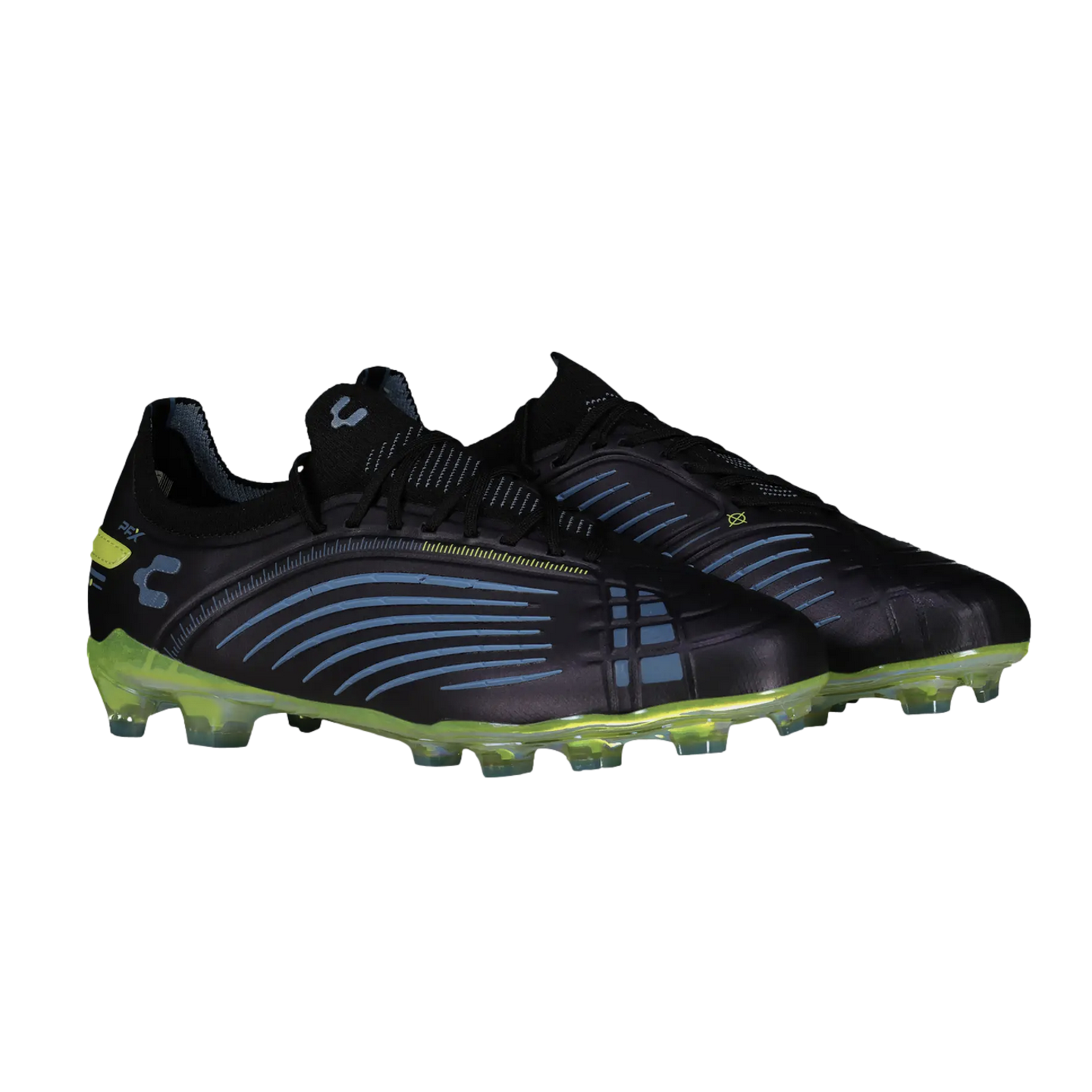Pair of black soccer cleats with blue curved lines on the side and vibrant lime green studded soles.