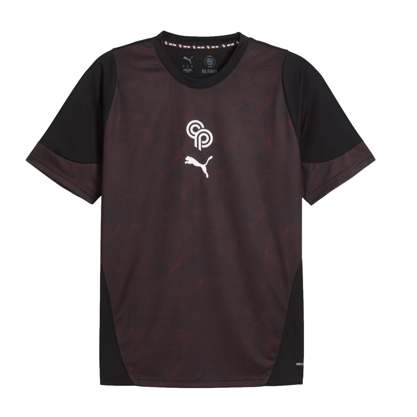 Dark red Puma jersey with a topographic print, black sleeves, and side panels. Centered white CP and Puma logos.