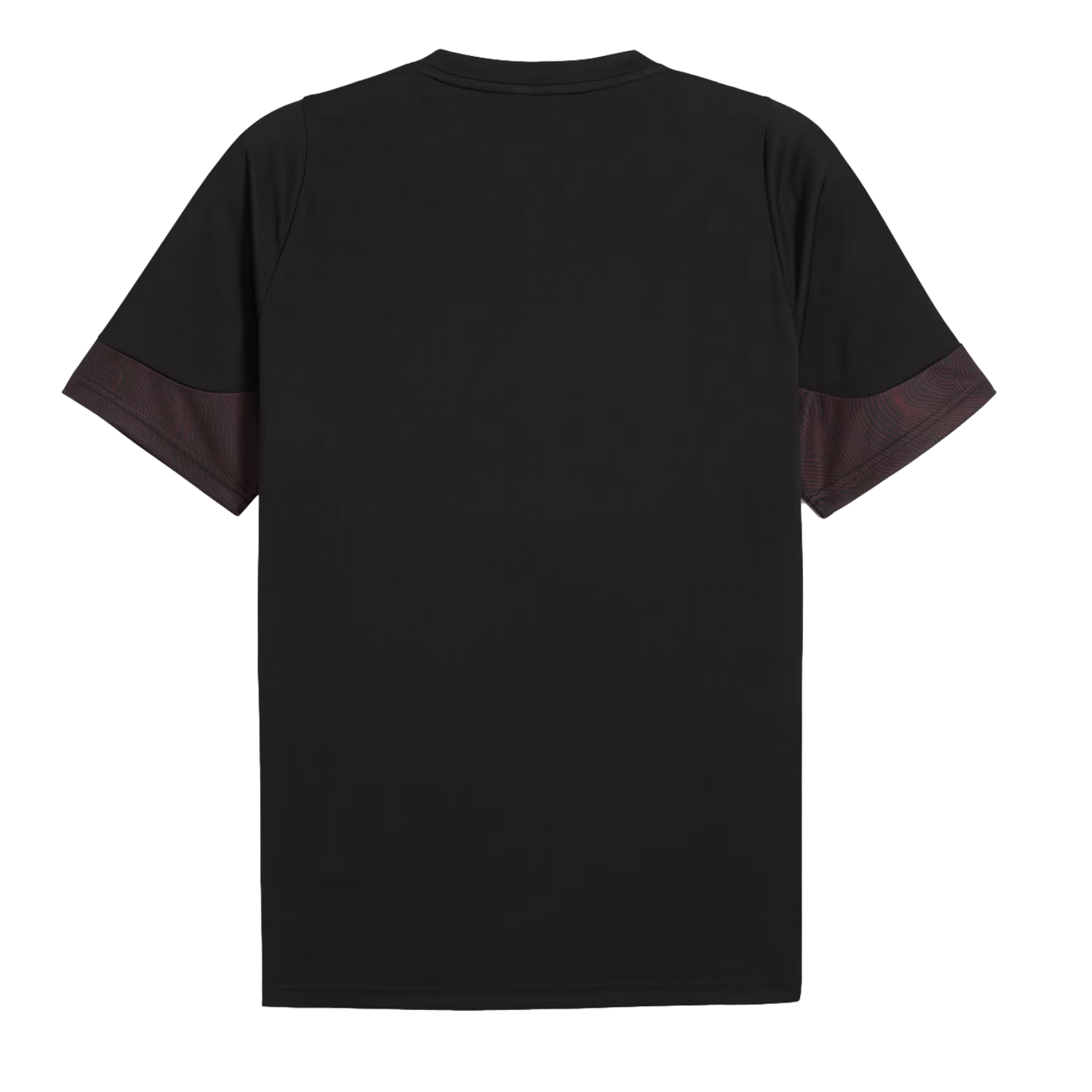 Back view of a black short-sleeved T-shirt featuring dark red patterned cuffs.