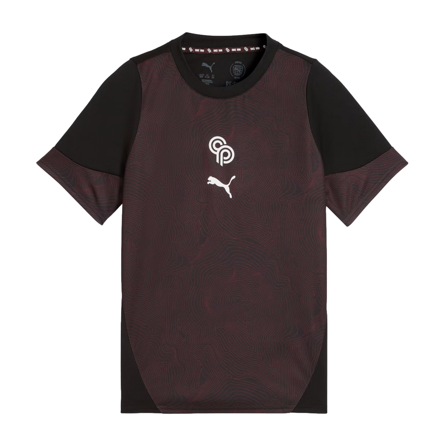 Maroon Puma t-shirt with black sleeves and a subtle topographic pattern. Features white CP and Puma logos centered on the chest.