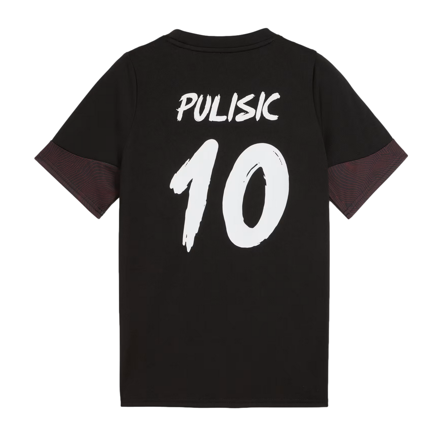 Back of a black jersey featuring the name "PULISIC" and the number "10" in white brush-stroke lettering. The sleeves have dark reddish-brown patterned panels.
