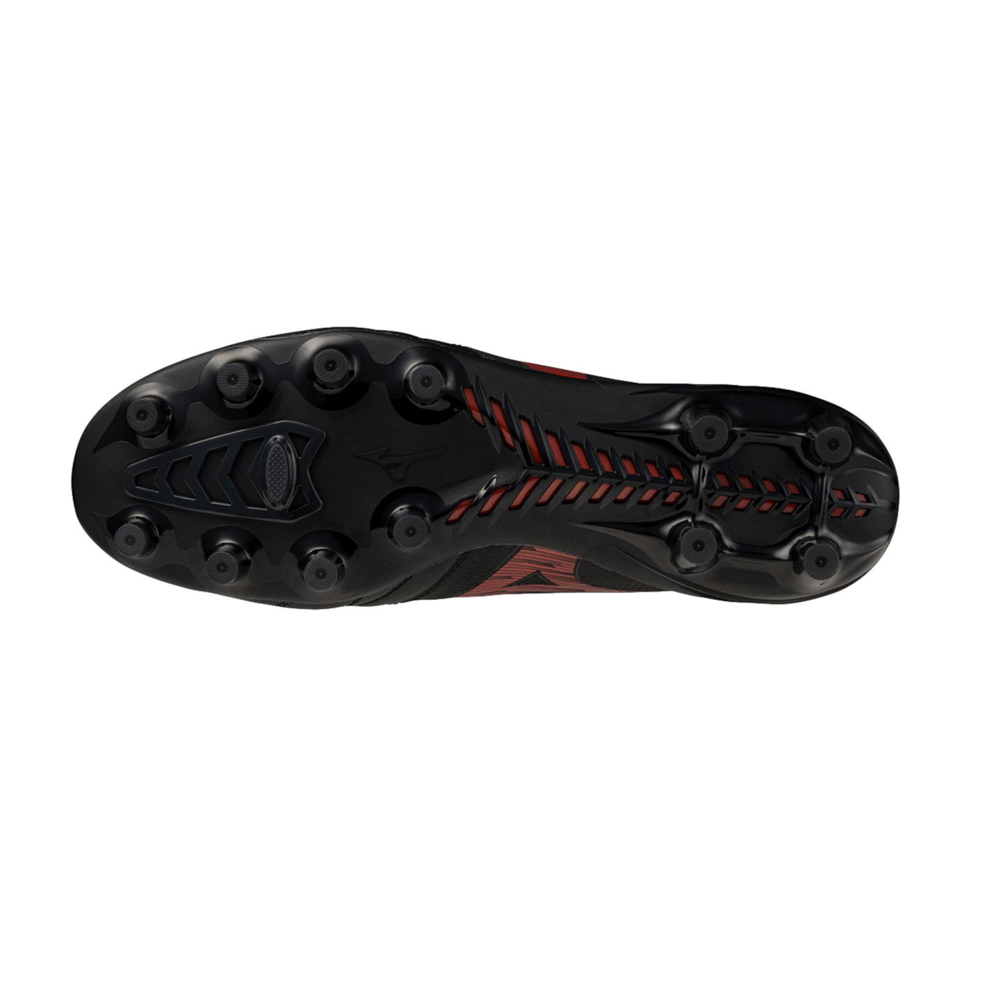 Sole of a black and red Mizuno soccer cleat with circular studs and a textured red center pattern, shown against a black background.