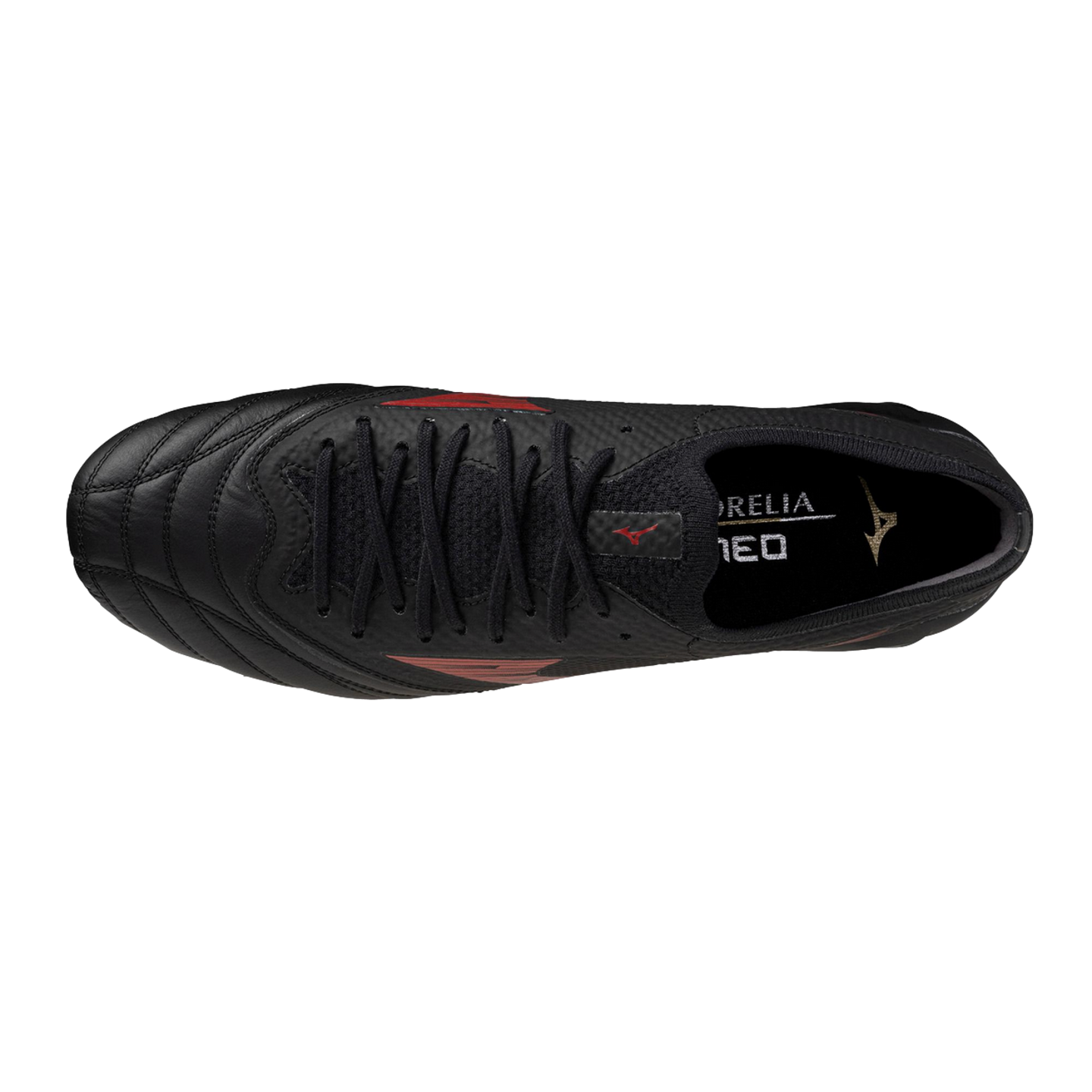 Top-down view of a black Mizuno Morelia Neo soccer cleat with red accents and black laces against a black background.