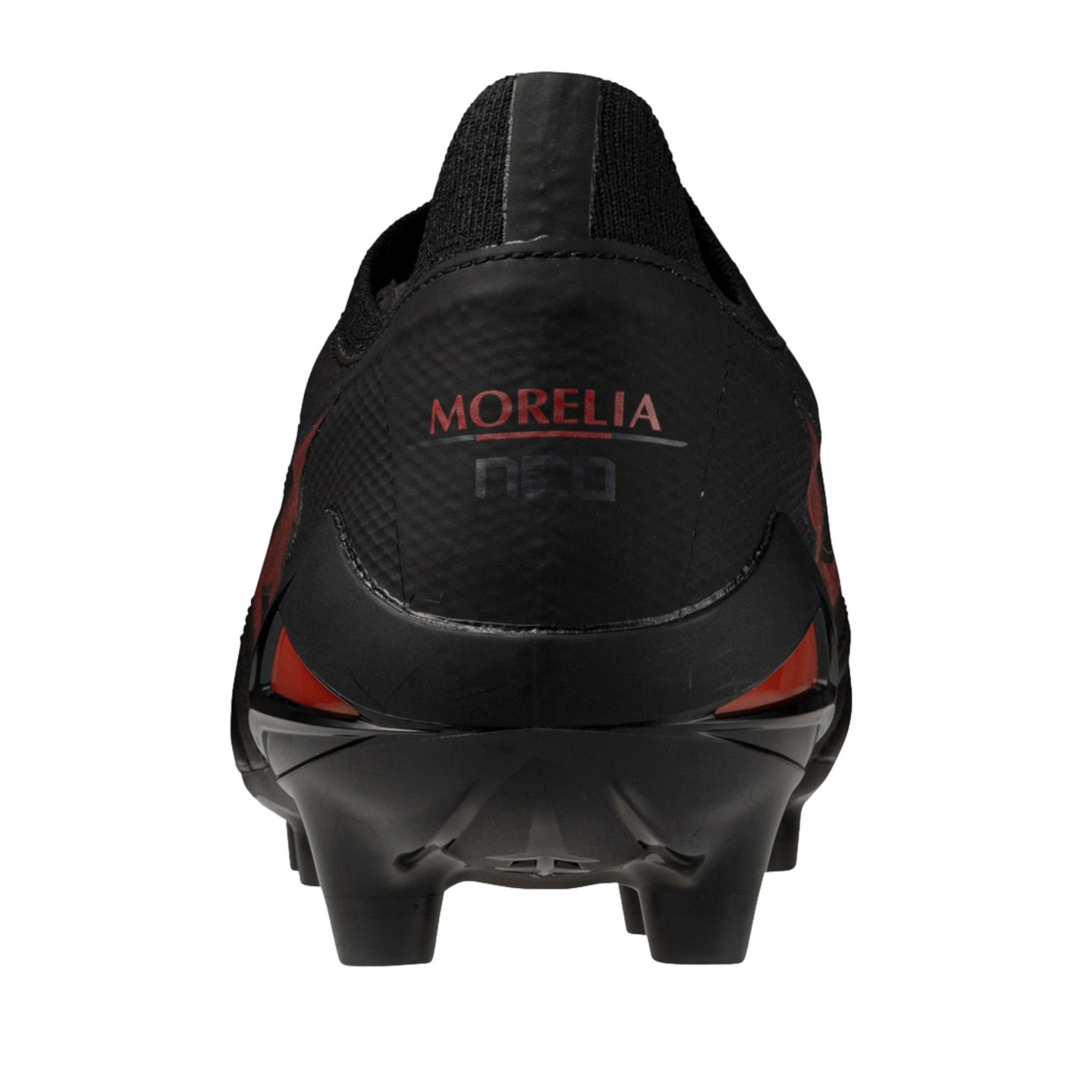 Rear view of a black Mizuno Morelia Neo soccer cleat with red accents and visible studs, set against a black background.