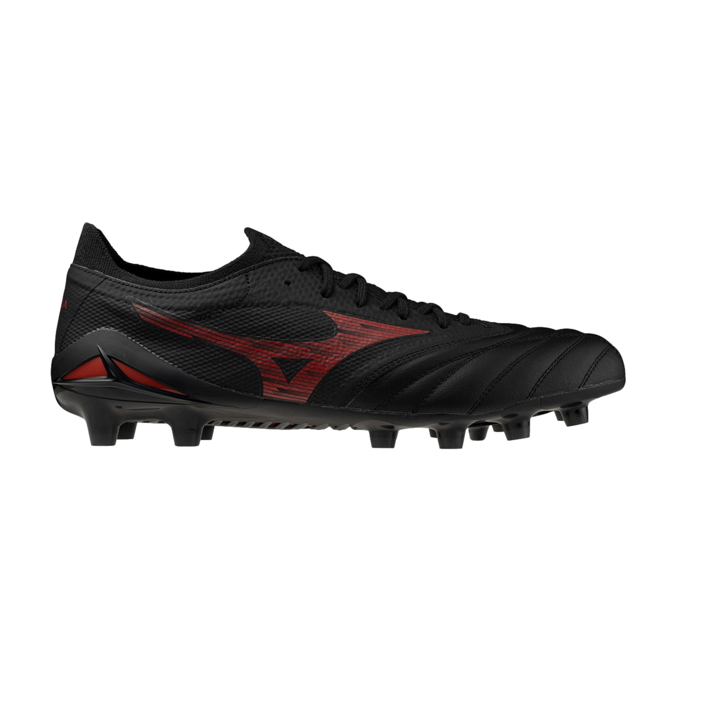 Side profile of a black Mizuno soccer cleat featuring a red logo and heel accents against a black background.