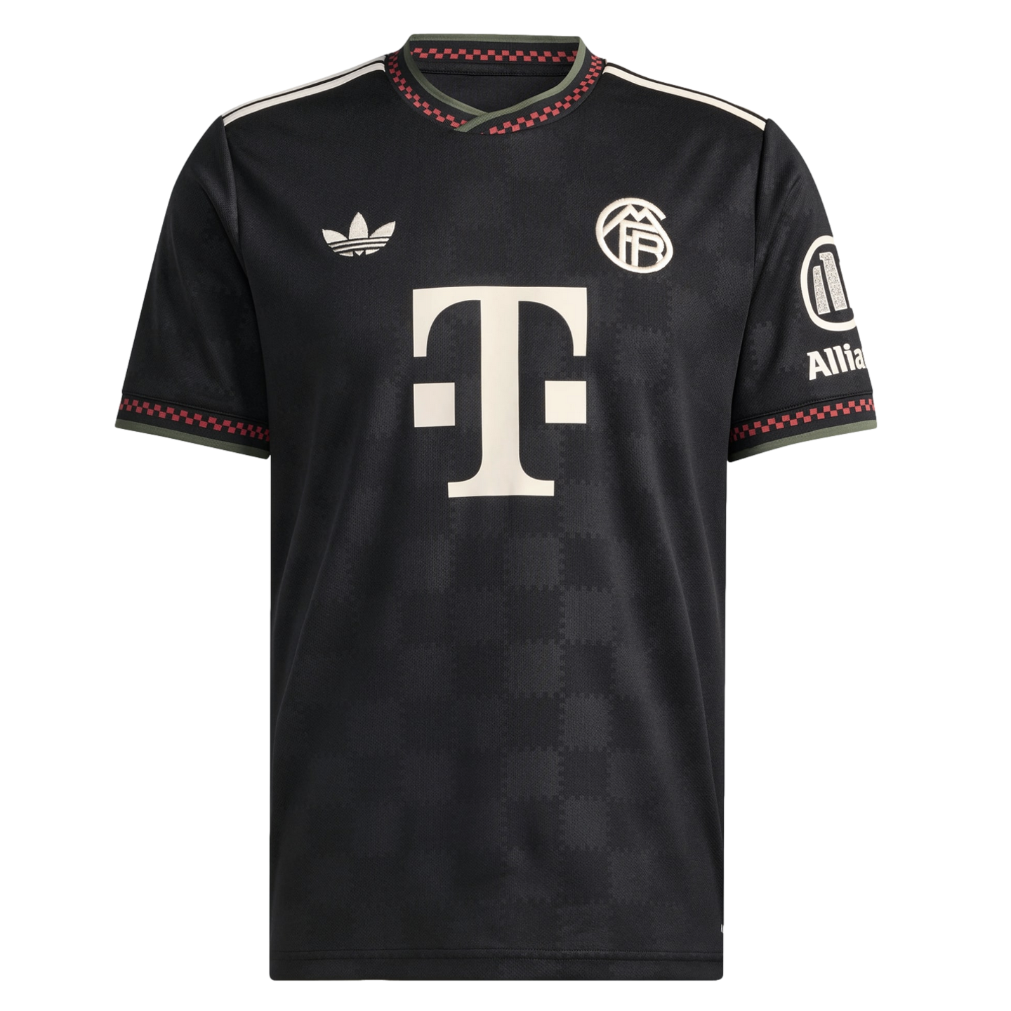 Front view of a black Adidas Bayern Munich soccer jersey featuring white logos, a retro club crest, and red and white checkered trim on the collar and sleeve cuffs.