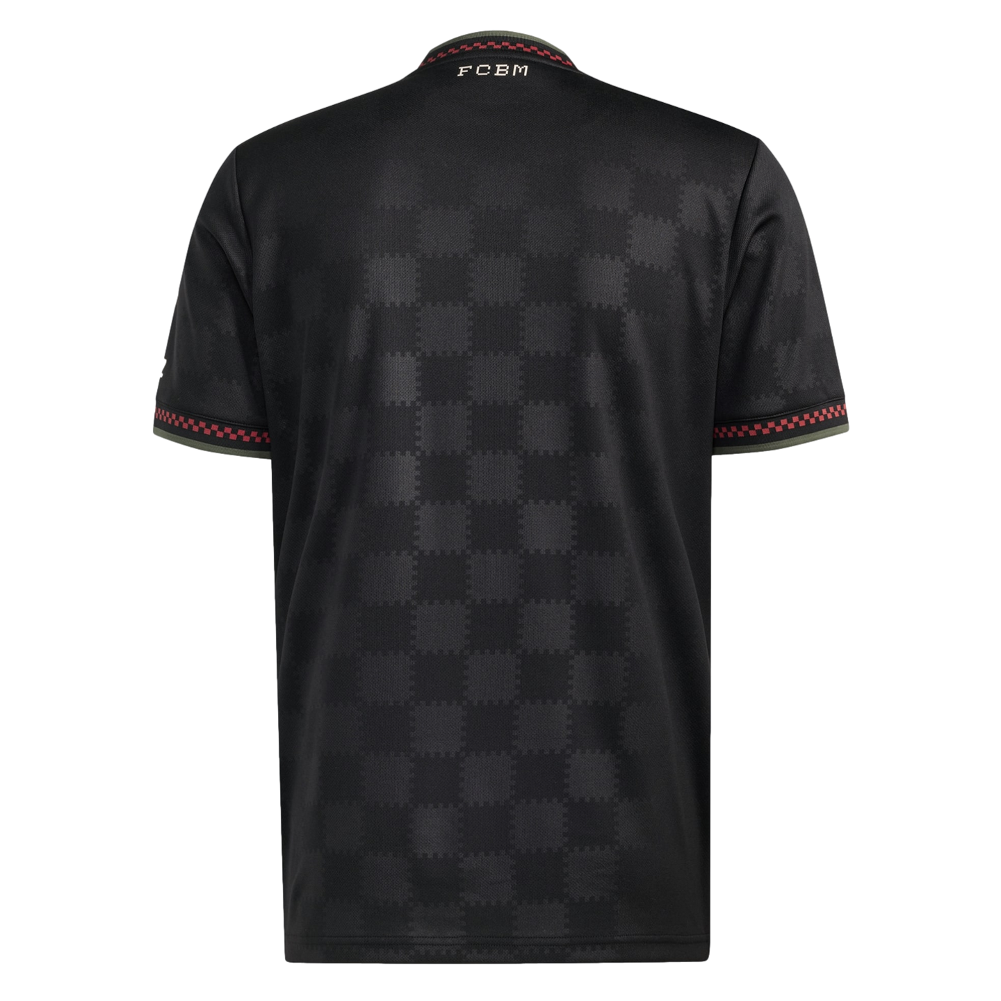 Back of a black sports jersey with a tonal checkered pattern. Features red and green trim on the sleeves and collar, and white "FCBM" lettering on the upper back.