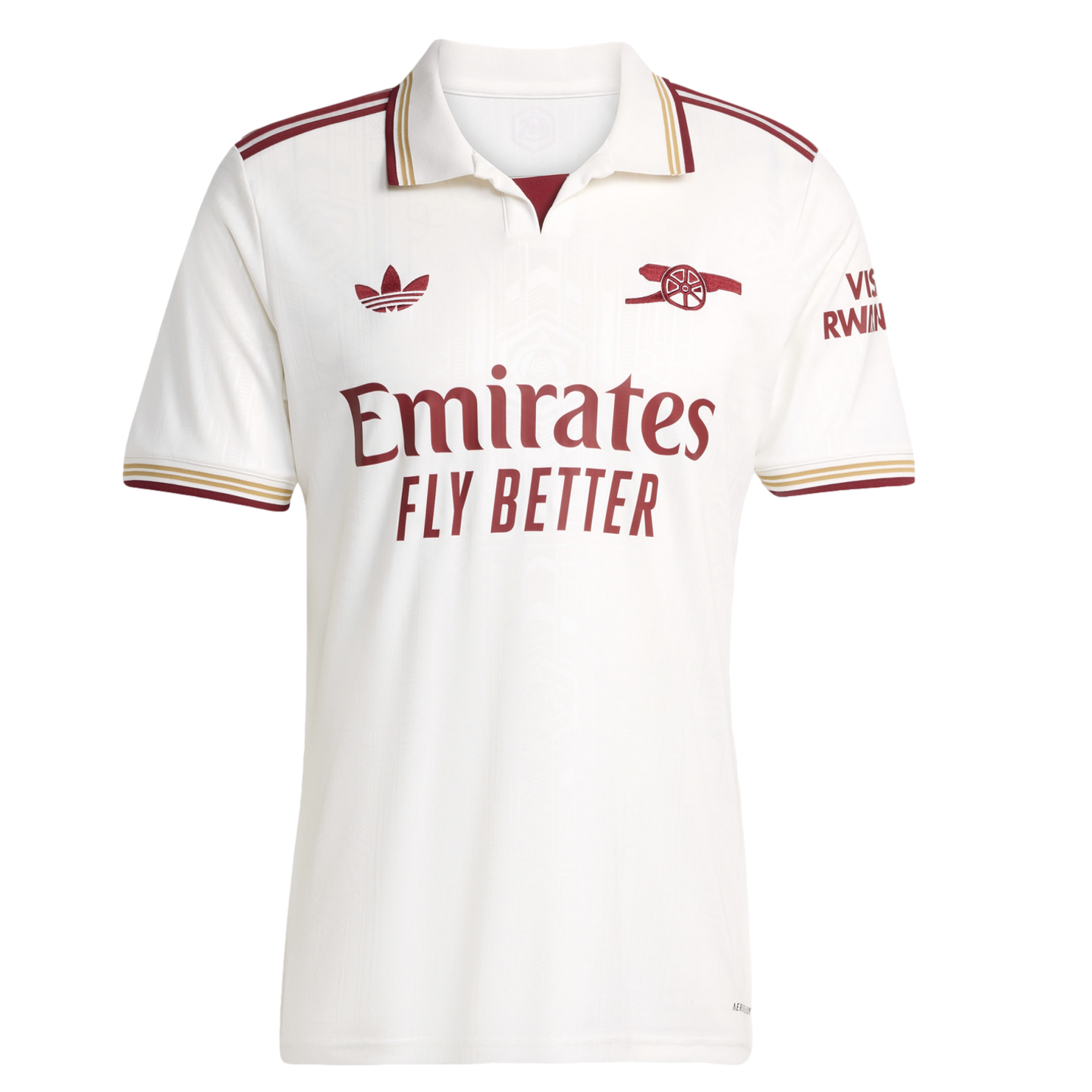 Off-white Arsenal football jersey with maroon and gold trim, polo collar, Adidas Trefoil logo, cannon crest, and "Emirates FLY BETTER" sponsor.