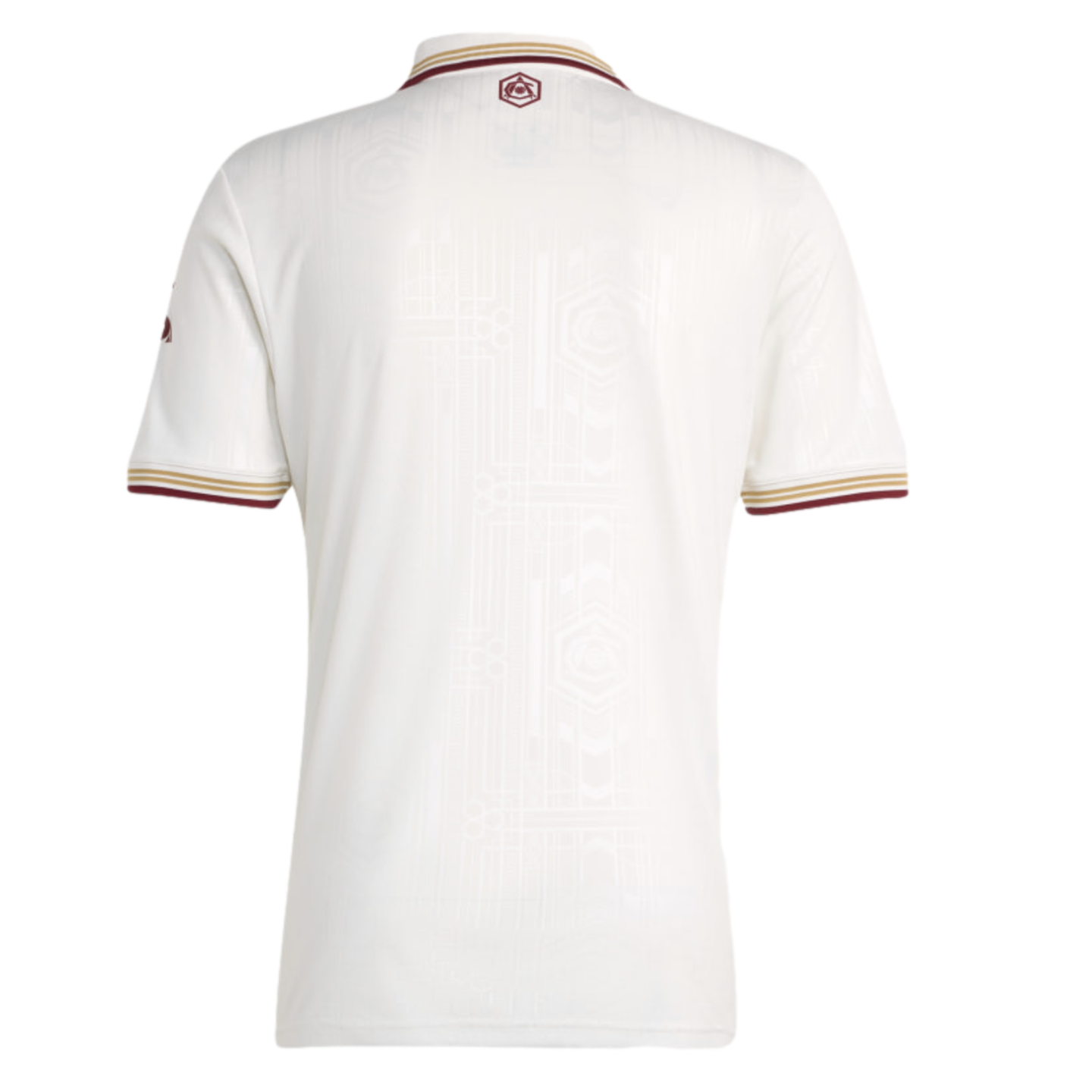 Back view of a white jersey with maroon and gold striped collar and cuffs, featuring a subtle geometric pattern.