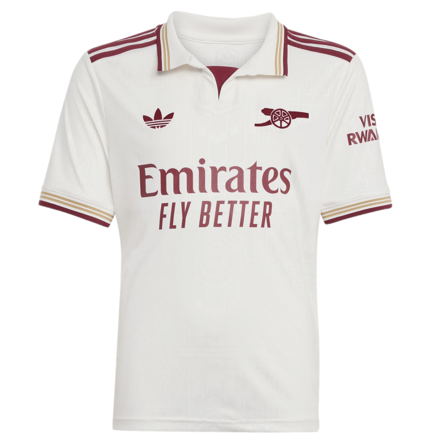 Arsenal 2024-25 third football jersey: off-white with maroon and gold trim, featuring the Adidas Trefoil, cannon crest, and "Emirates FLY BETTER" sponsor.