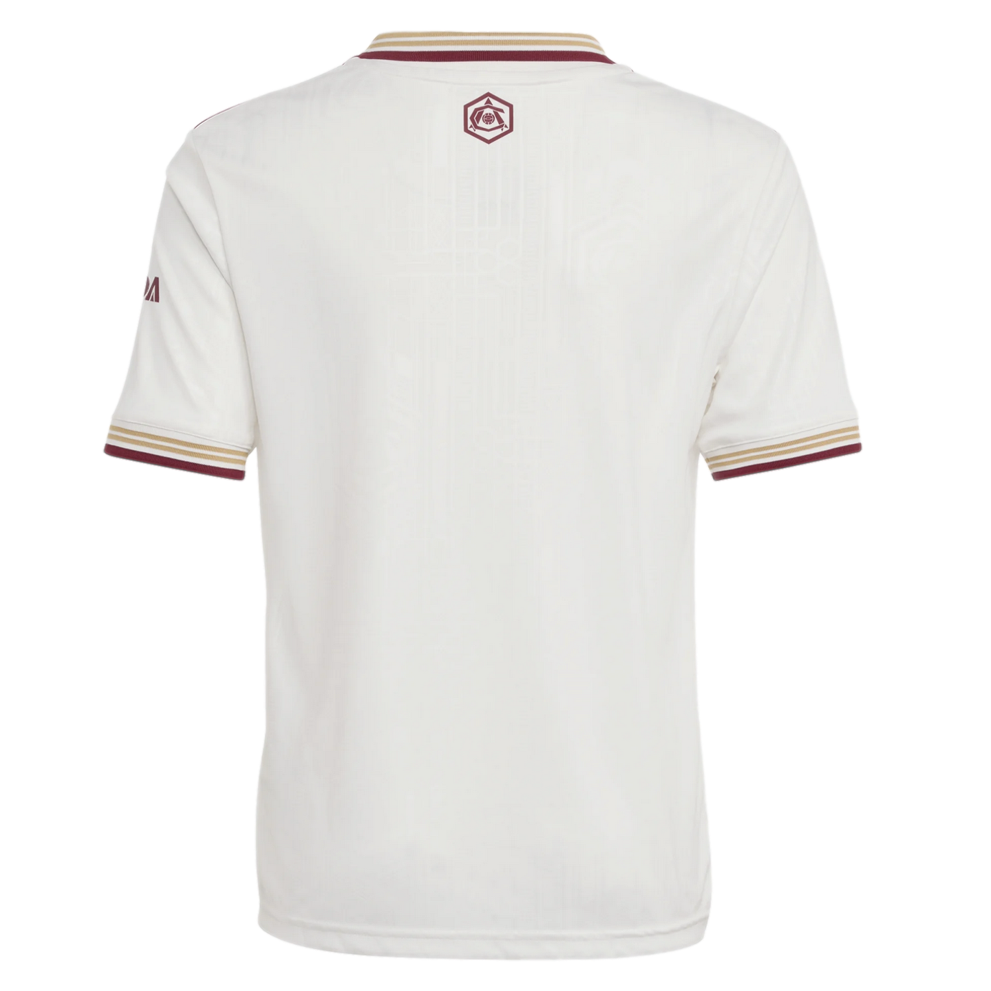 Back view of an off-white sports jersey with burgundy and gold striped cuffs and collar. A small burgundy crest is centered on the upper back.