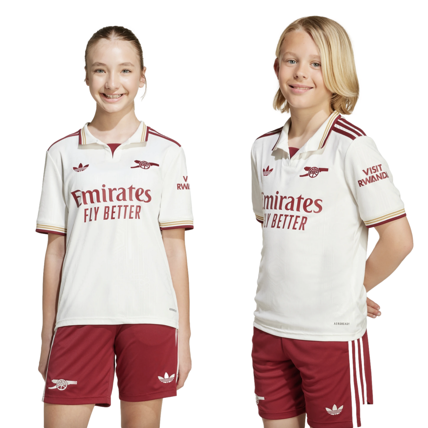 A girl and a boy smiling while wearing white and maroon Arsenal football kits against a black background.