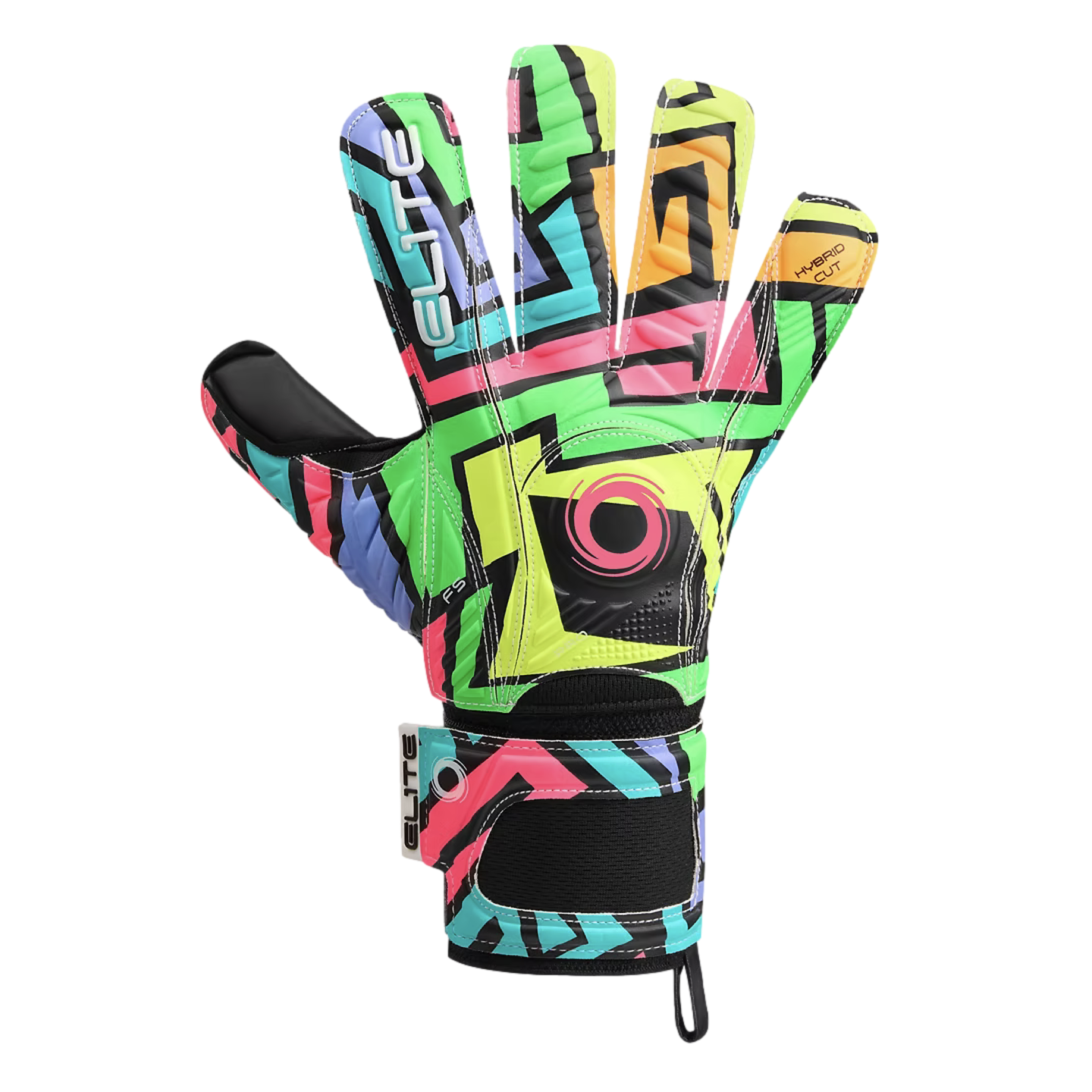 A vibrant goalkeeper glove featuring a multi-colored geometric pattern in neon green, pink, and blue. The word "ELITE" is visible on the index finger and wrist strap.