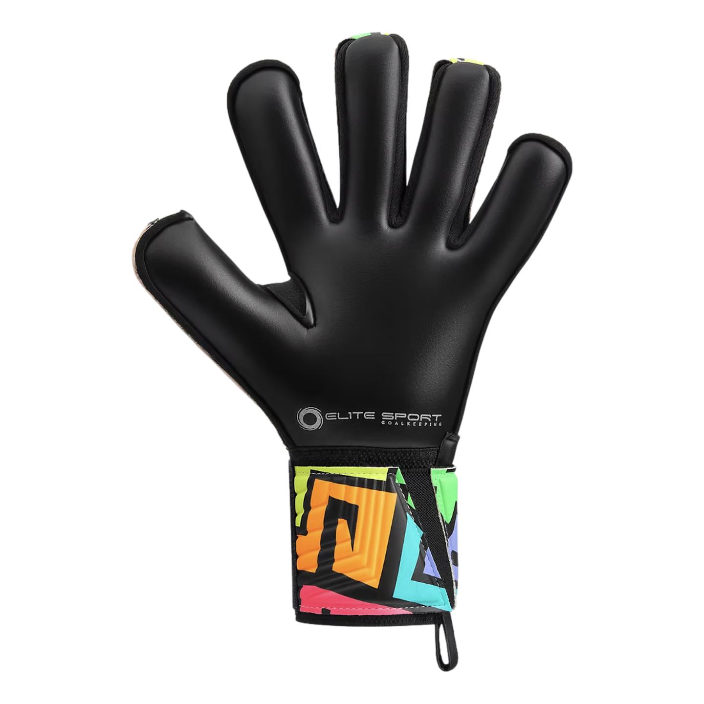 A black goalkeeper glove featuring a vibrant geometric patterned wrist strap and white "ELITE SPORT" branding on the palm.