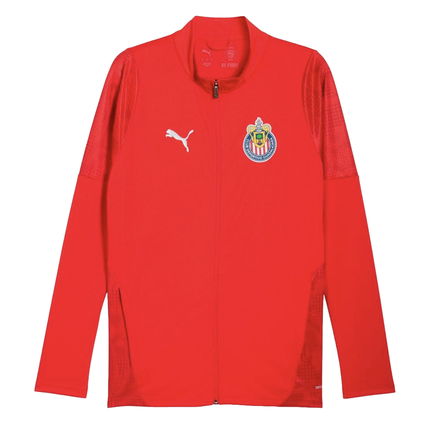 A red Puma full-zip jacket featuring the white Puma logo and the Club Deportivo Guadalajara (Chivas) team crest on the chest.