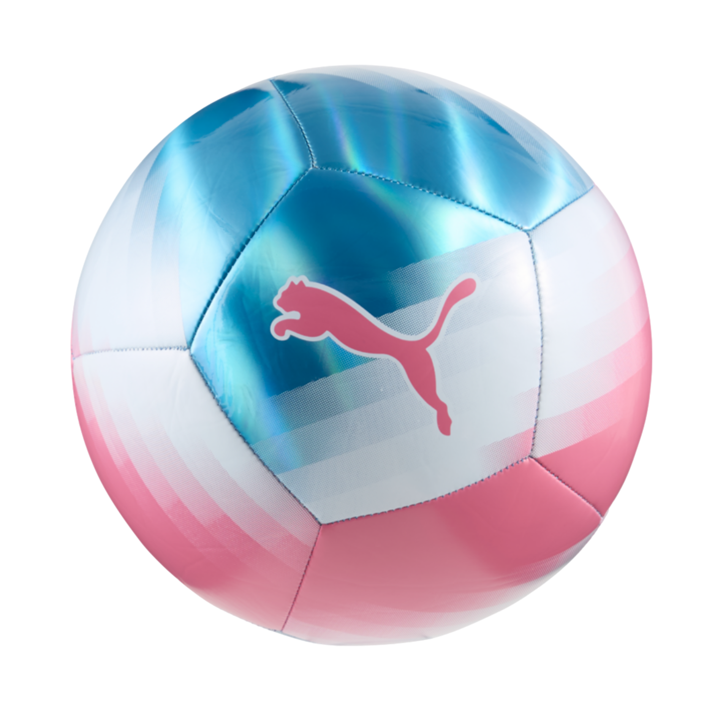 A Puma soccer ball with a metallic iridescent finish in light blue, white, and pink, featuring a pink Puma logo at the center.