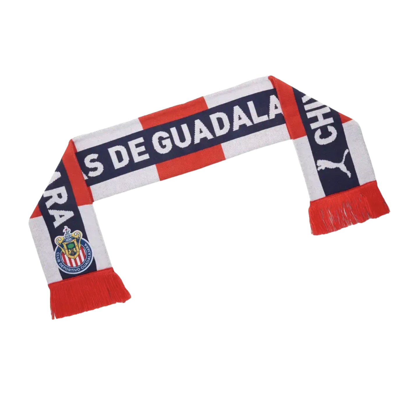 Red, white, and navy blue Chivas soccer scarf featuring the Club Deportivo Guadalajara team crest and Puma logo.