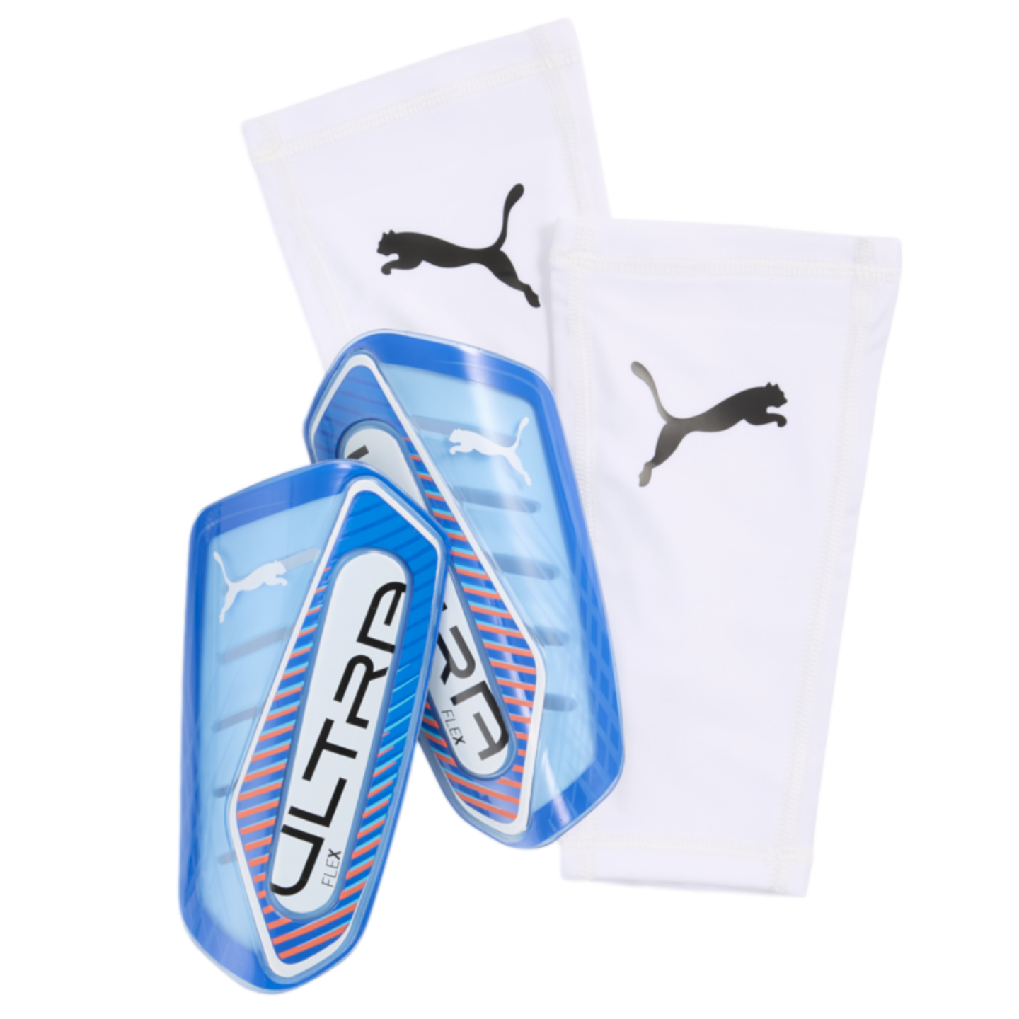 A pair of blue Puma Ultra Flex soccer shin guards and two white compression sleeves with black Puma logos.