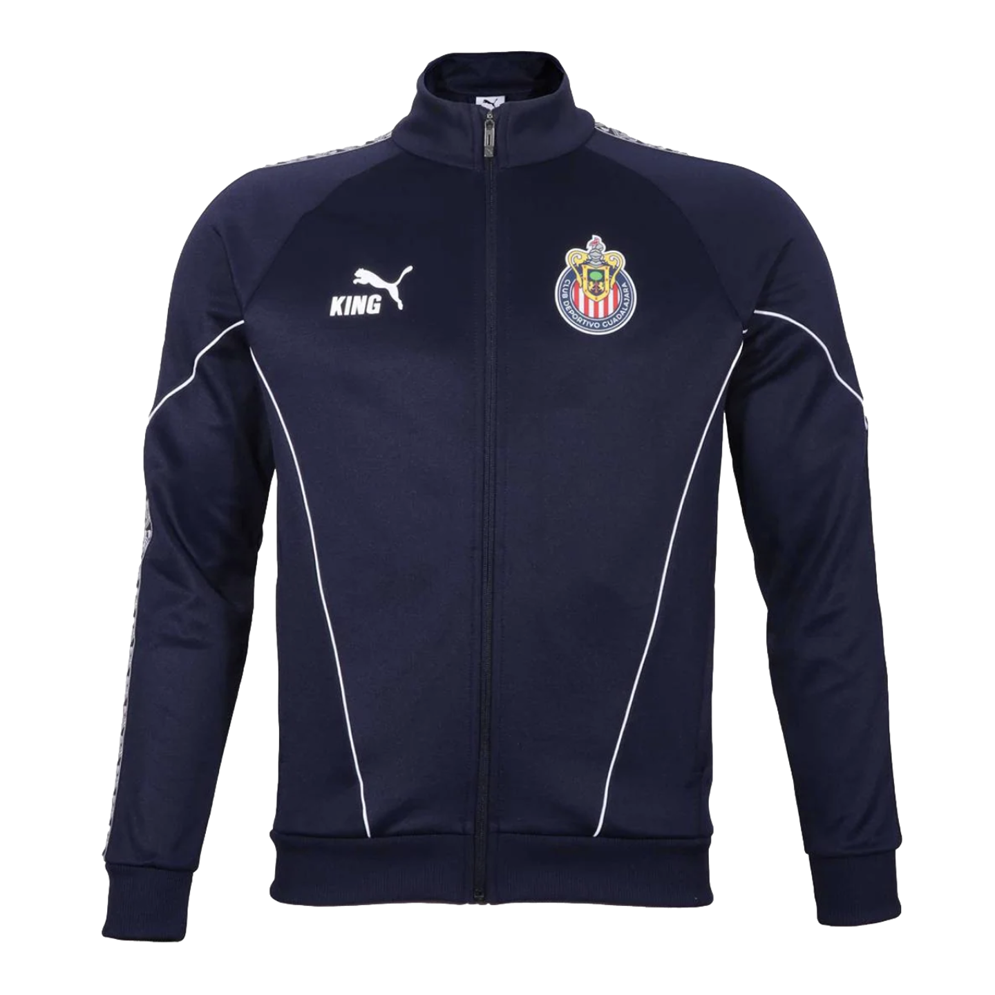 Navy blue Puma zip-up track jacket with the Chivas soccer club crest and white "KING" Puma logo on the chest. Features white piping and branded sleeve tape.