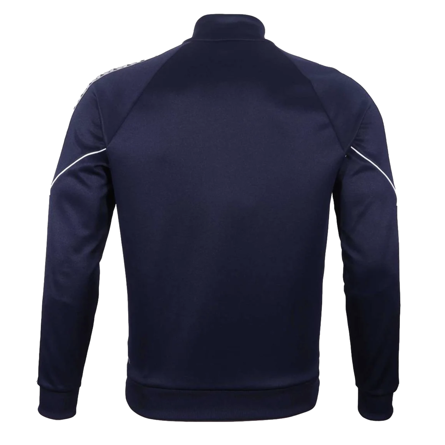 Back view of a navy blue track jacket featuring raglan sleeves with white diagonal piping and ribbed trim, shown against a solid black background.