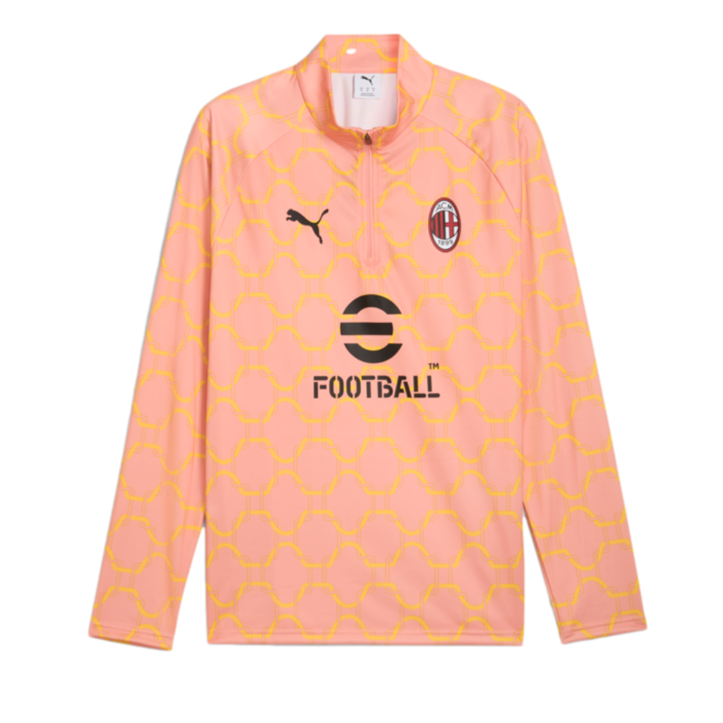 Light pink AC Milan quarter-zip training top with a yellow pattern, featuring the Puma logo, club crest, and eFootball sponsor.