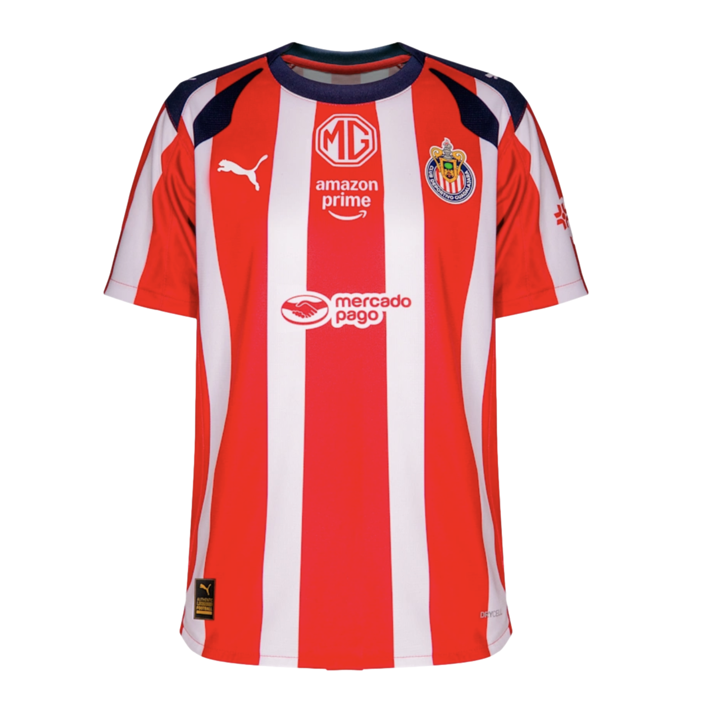 Red and white striped Chivas soccer jersey with navy accents, featuring Puma logo, team crest, and sponsor logos like MG and Amazon Prime.
