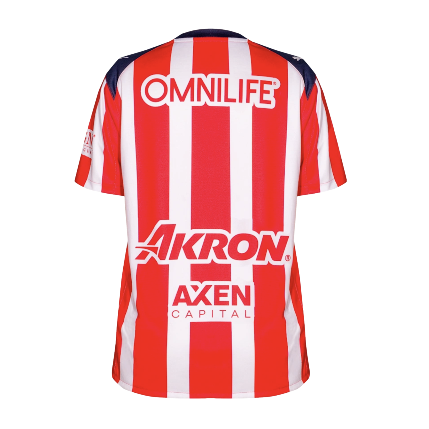 Back view of a red and white vertically striped soccer jersey with OMNILIFE, Akron, and AXEN CAPITAL logos. Dark blue accents highlight the shoulders.